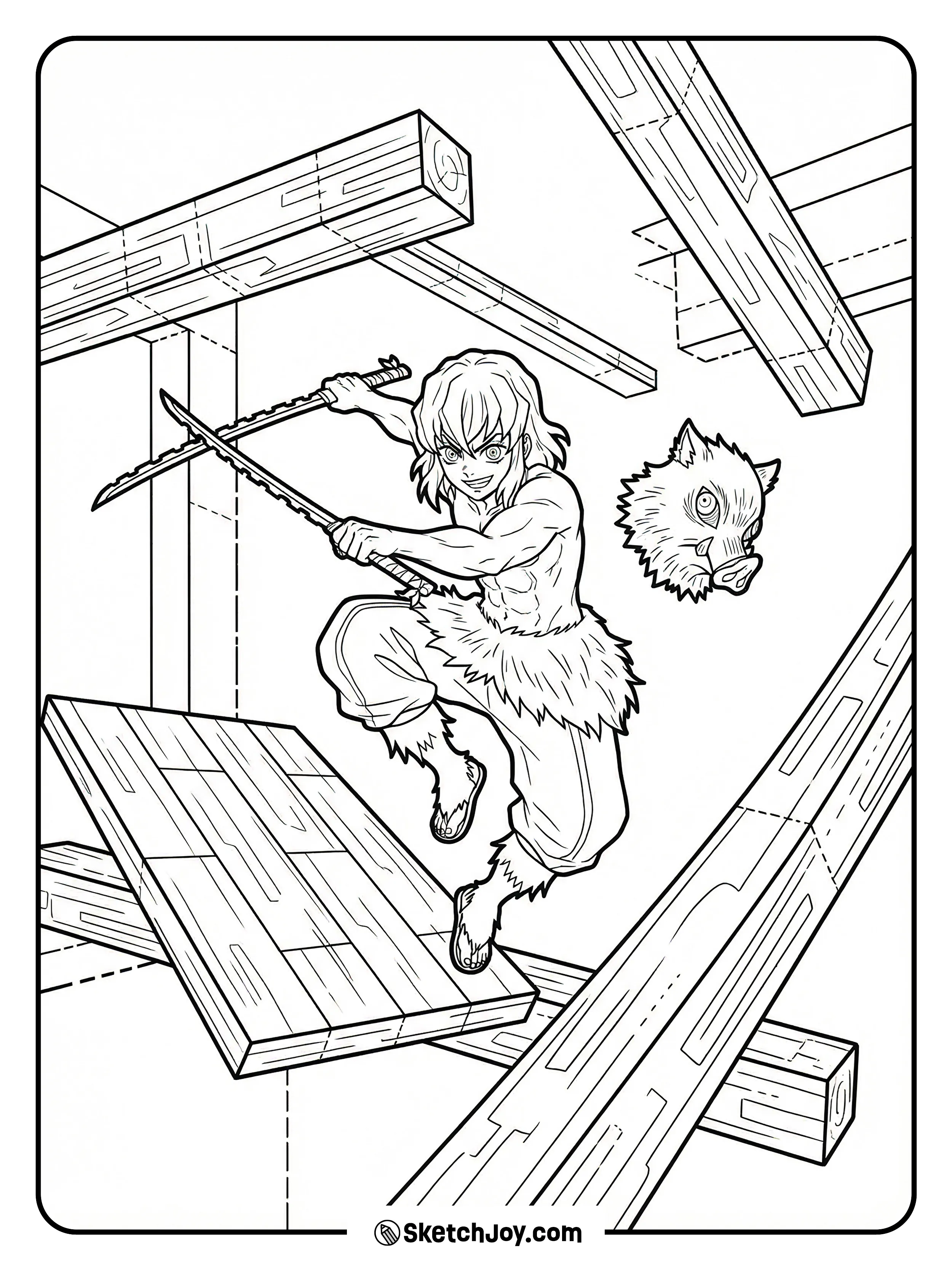 Inosuke jumps between shifting platforms in the Infinity Castle, mask flying beside him.