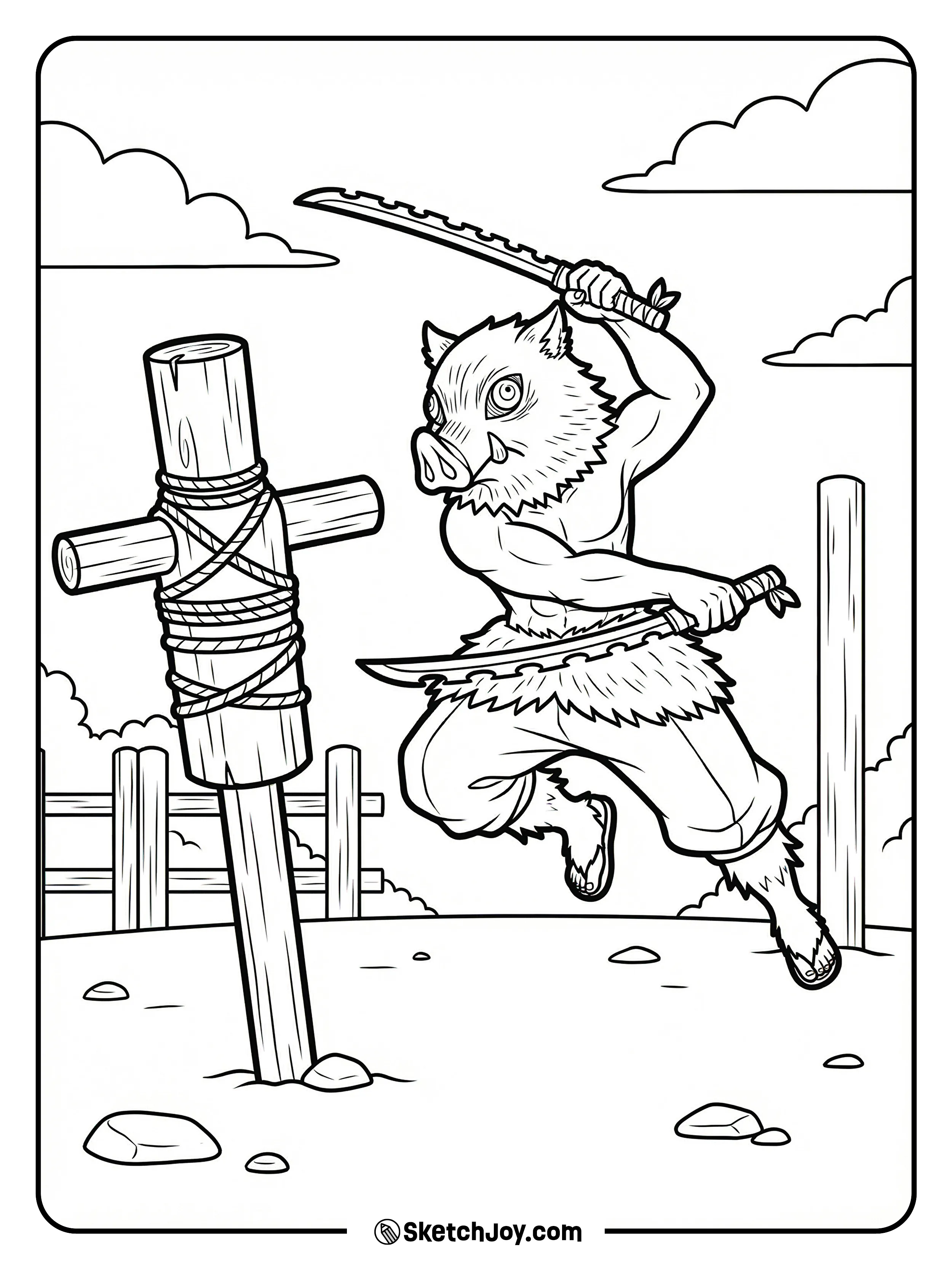 Inosuke swings his blades at a wooden dummy in a clear outdoor yard.