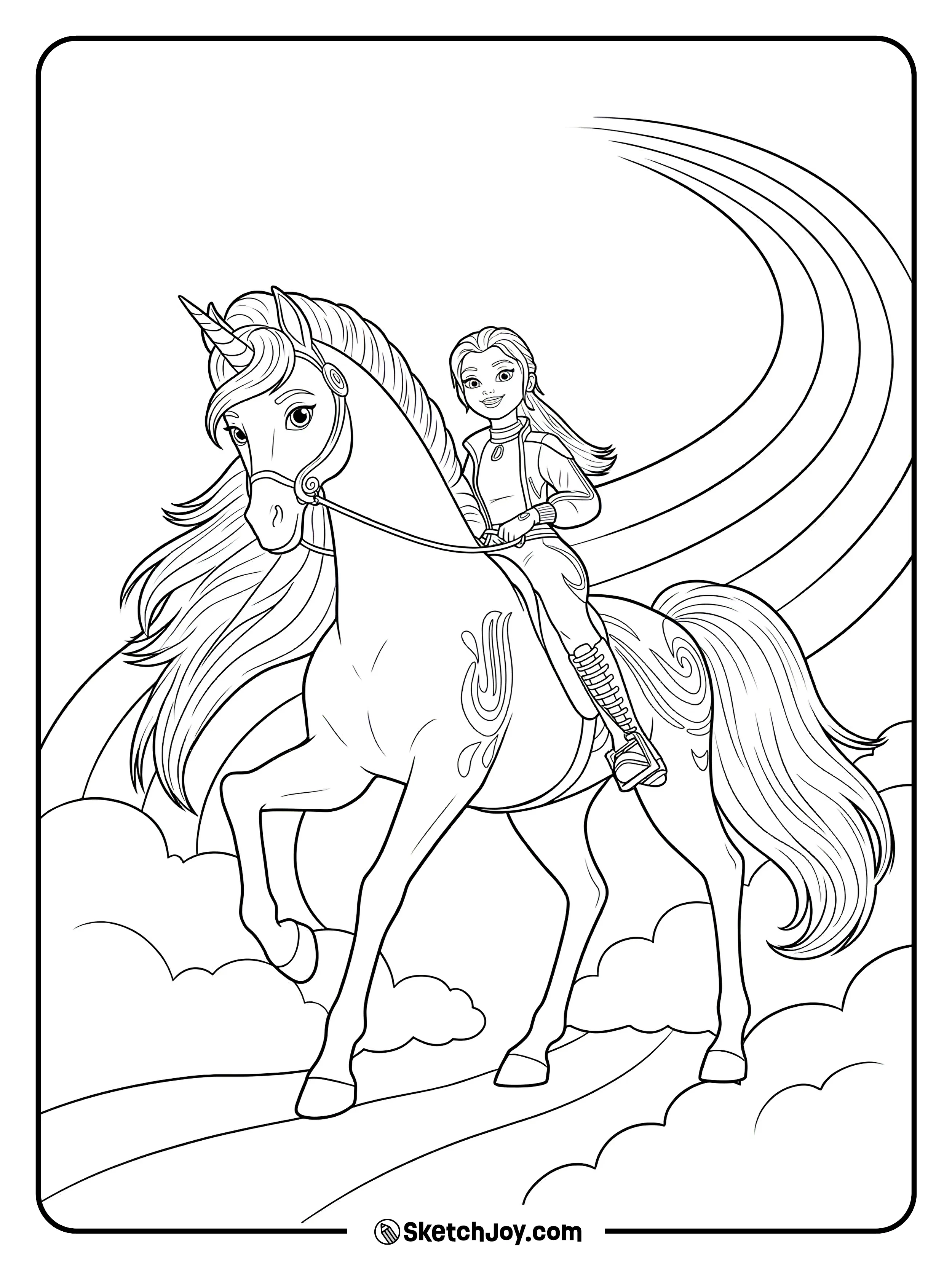 Isabel rides River with the unicorn’s mane and tail flowing, and a bold swirl mark on River’s side.