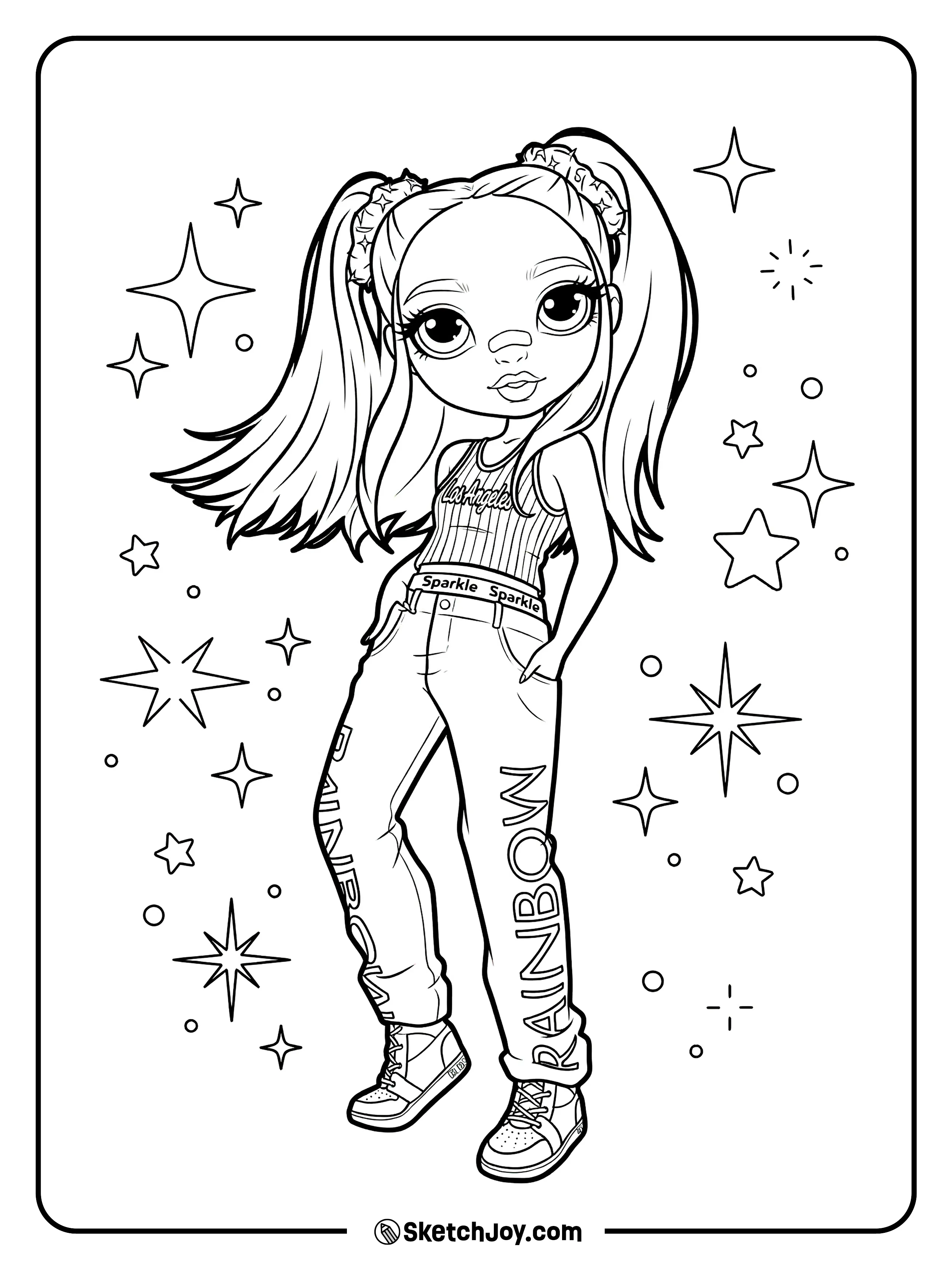 Jade Hunter poses in sporty pants and a tank top with her hair in high ponytails.