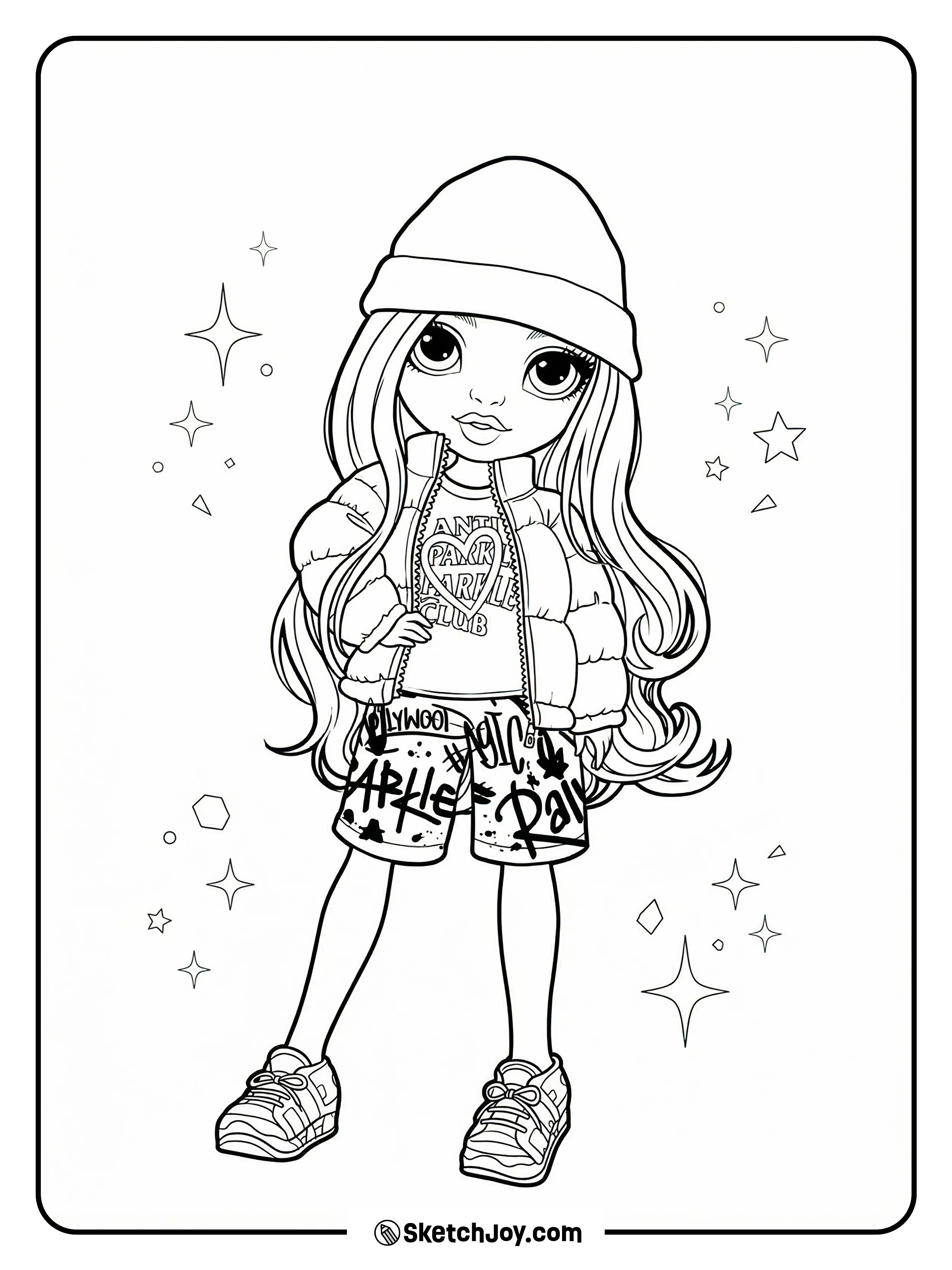 Jade Hunter stands in a cozy beanie, puffy jacket, bold shorts, and cool sneakers.