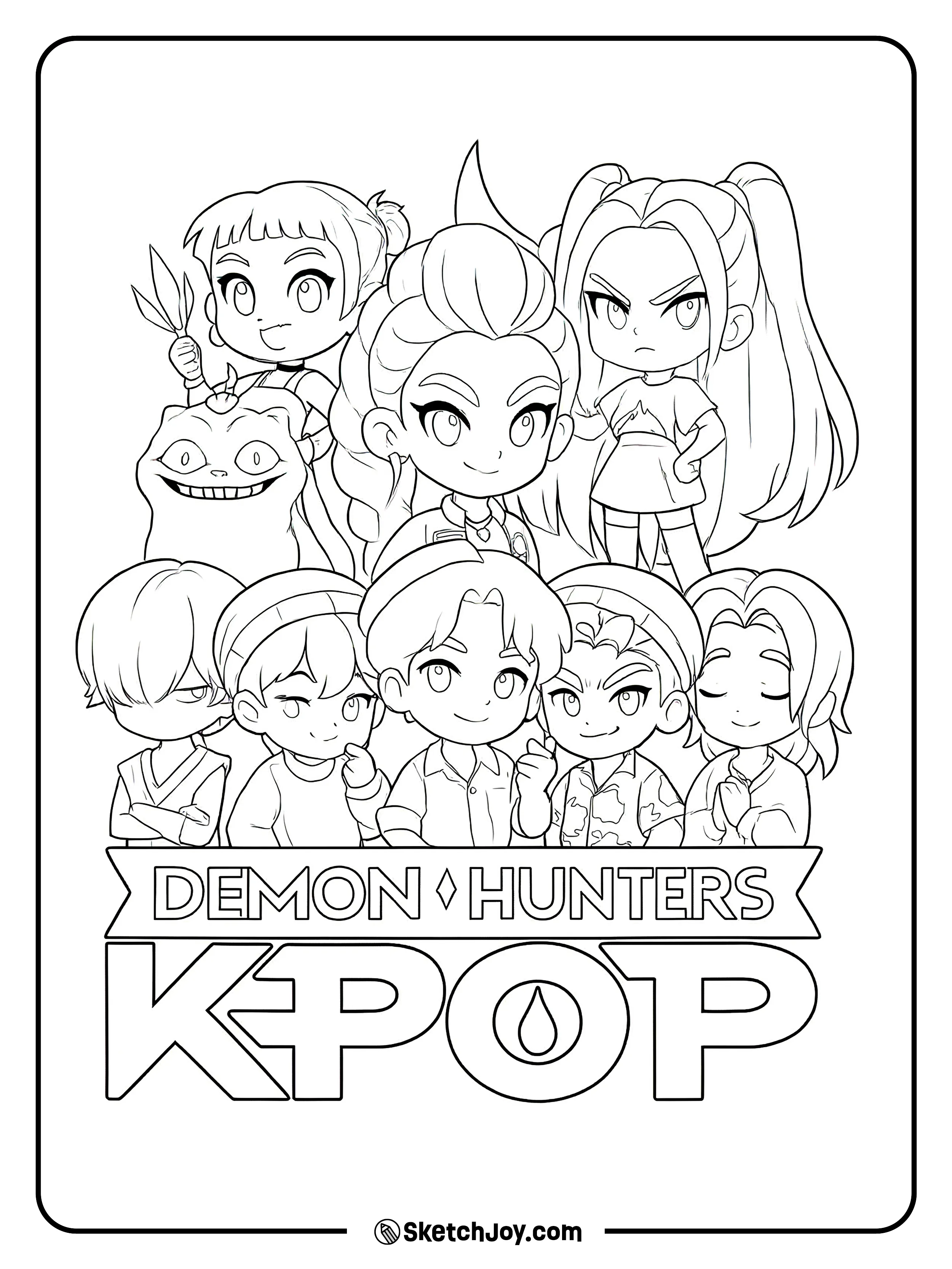 Rumi, Mira, and Zoey pose with Derpy Tiger, while the Saja Boys stand below the big logo.