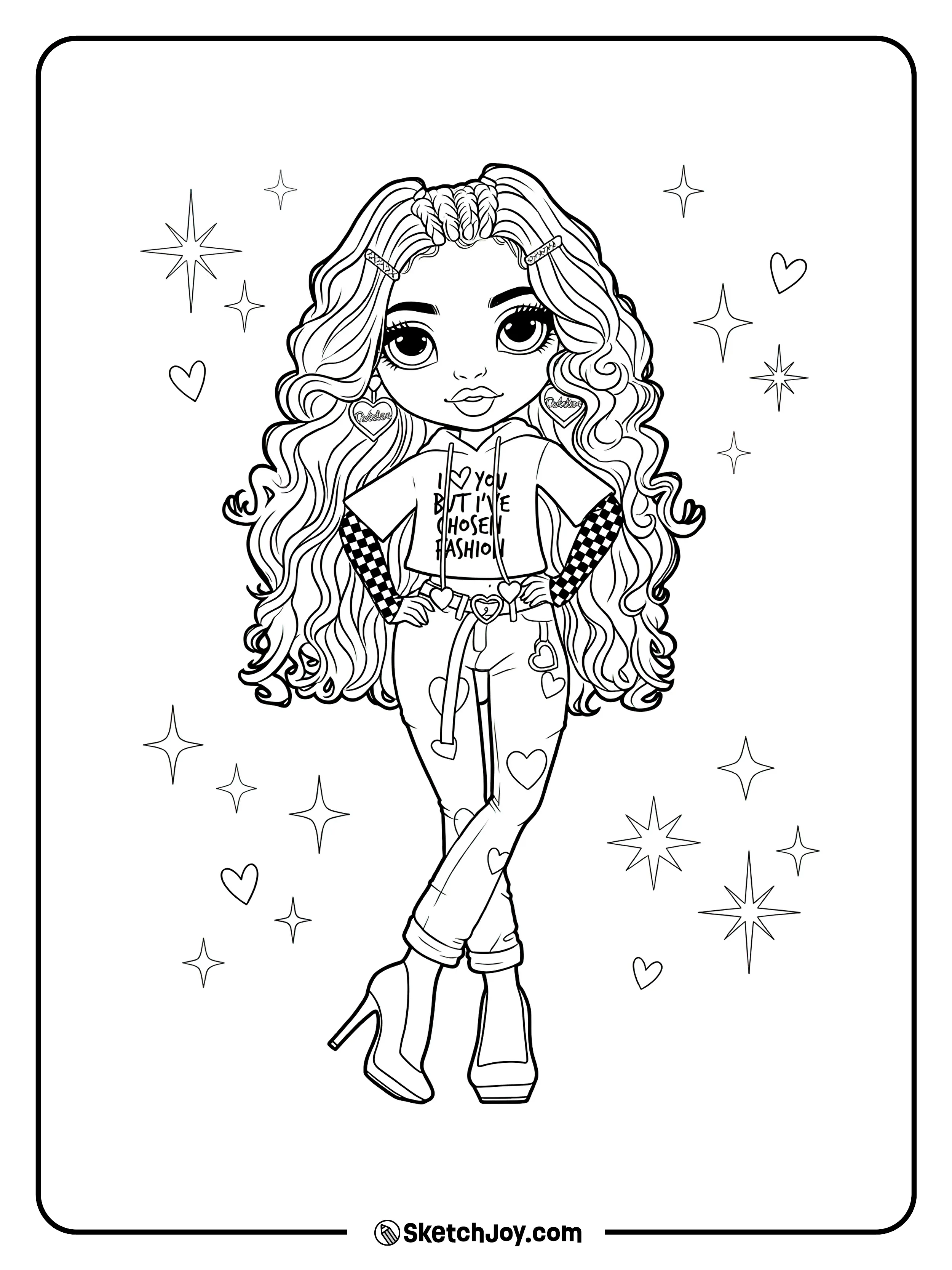 Kia Hart stands in heart print pants and high heels with her long curly hair flowing.