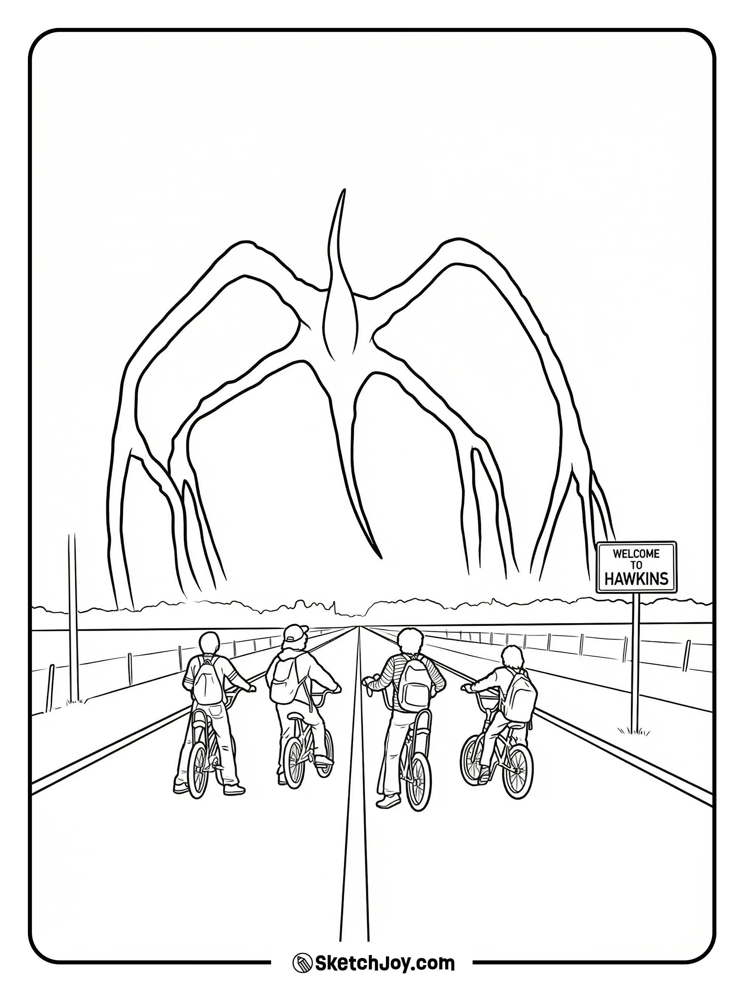 The four boys ride their bikes down a long road toward Hawkins while a huge shadow monster stretches across the sky.