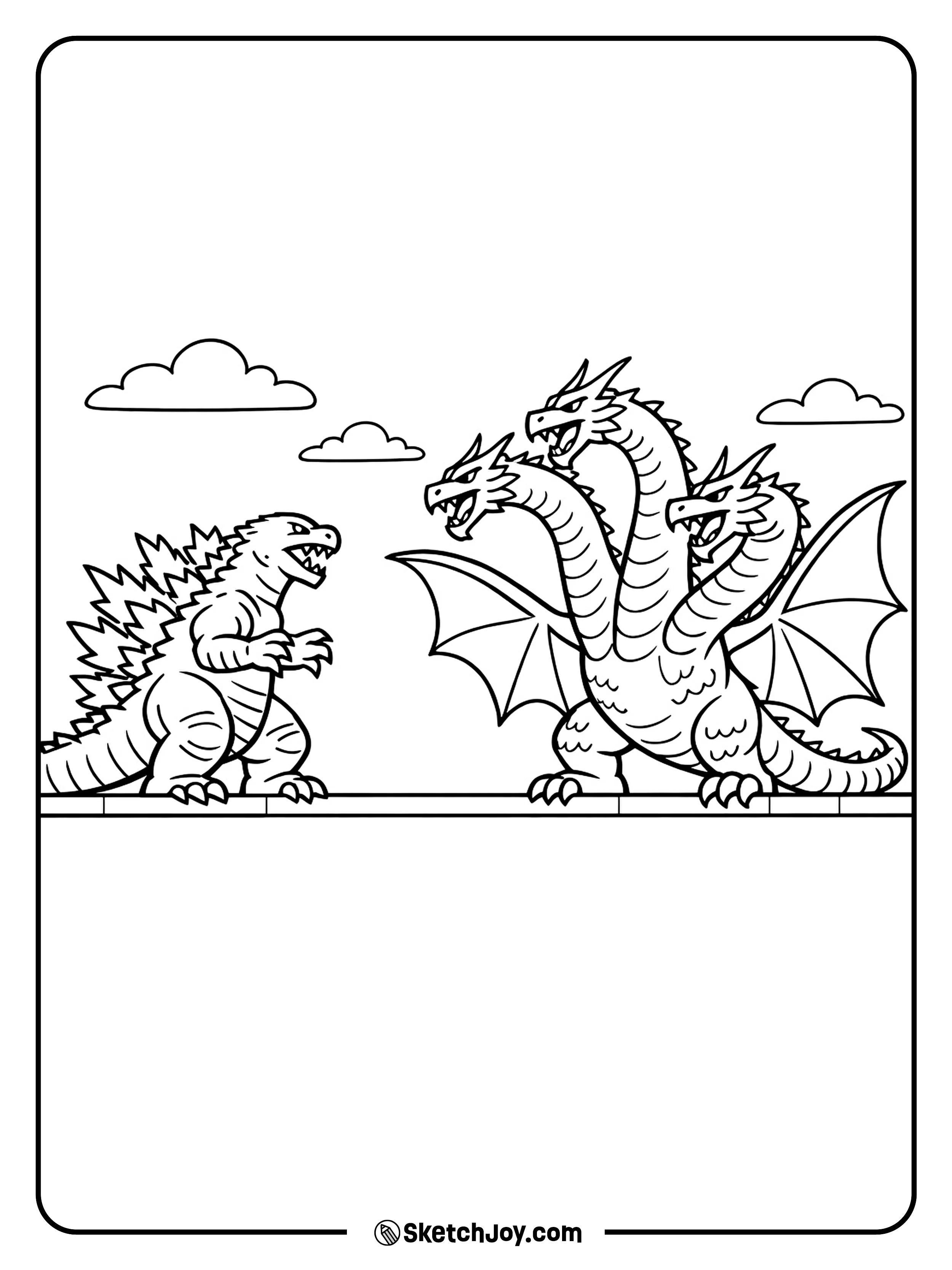 Godzilla faces a three-headed dragon monster on a plain rooftop.