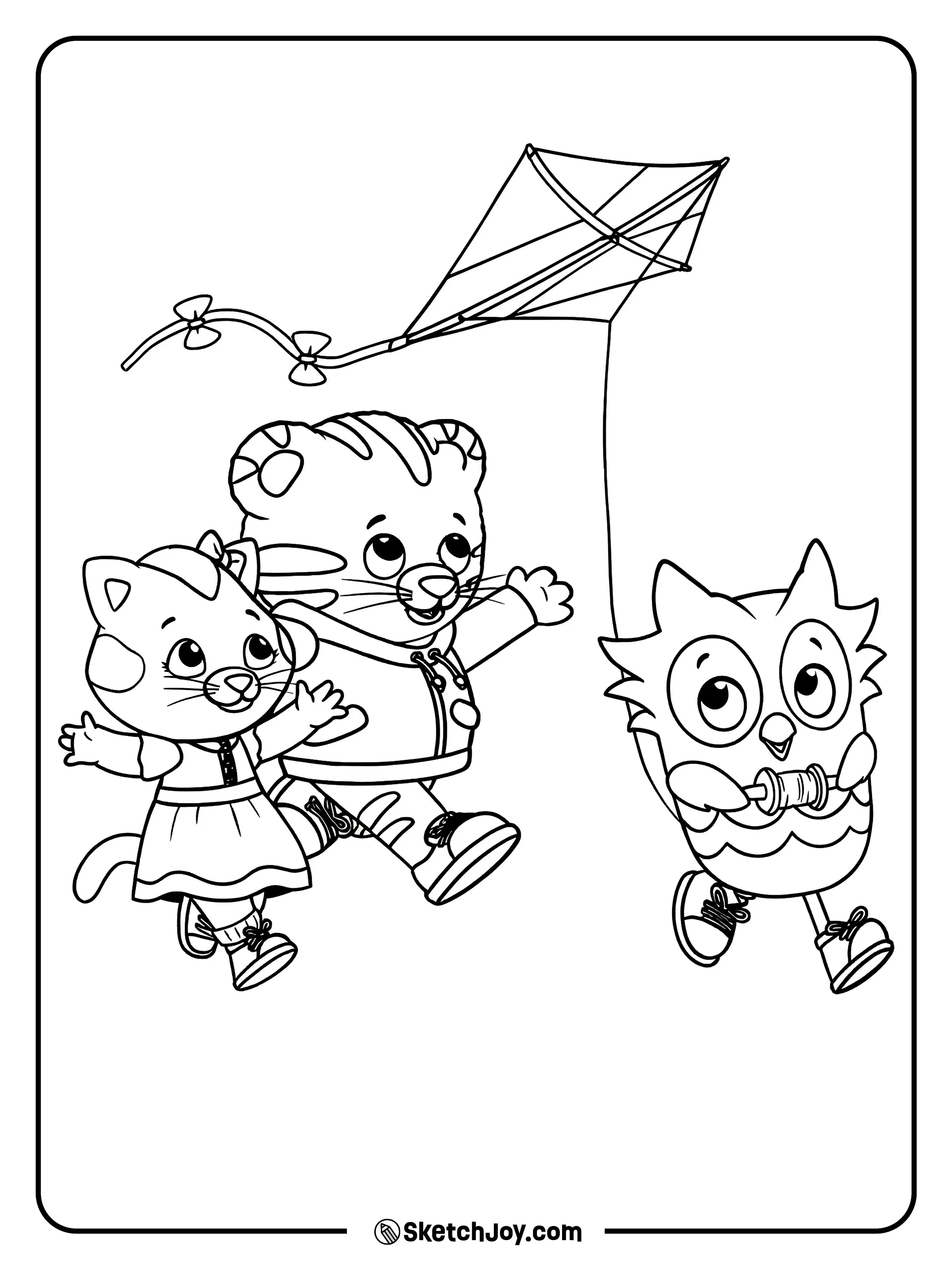 Daniel Tiger, Katerina Kittycat, and O the Owl run with a kite in the sky.