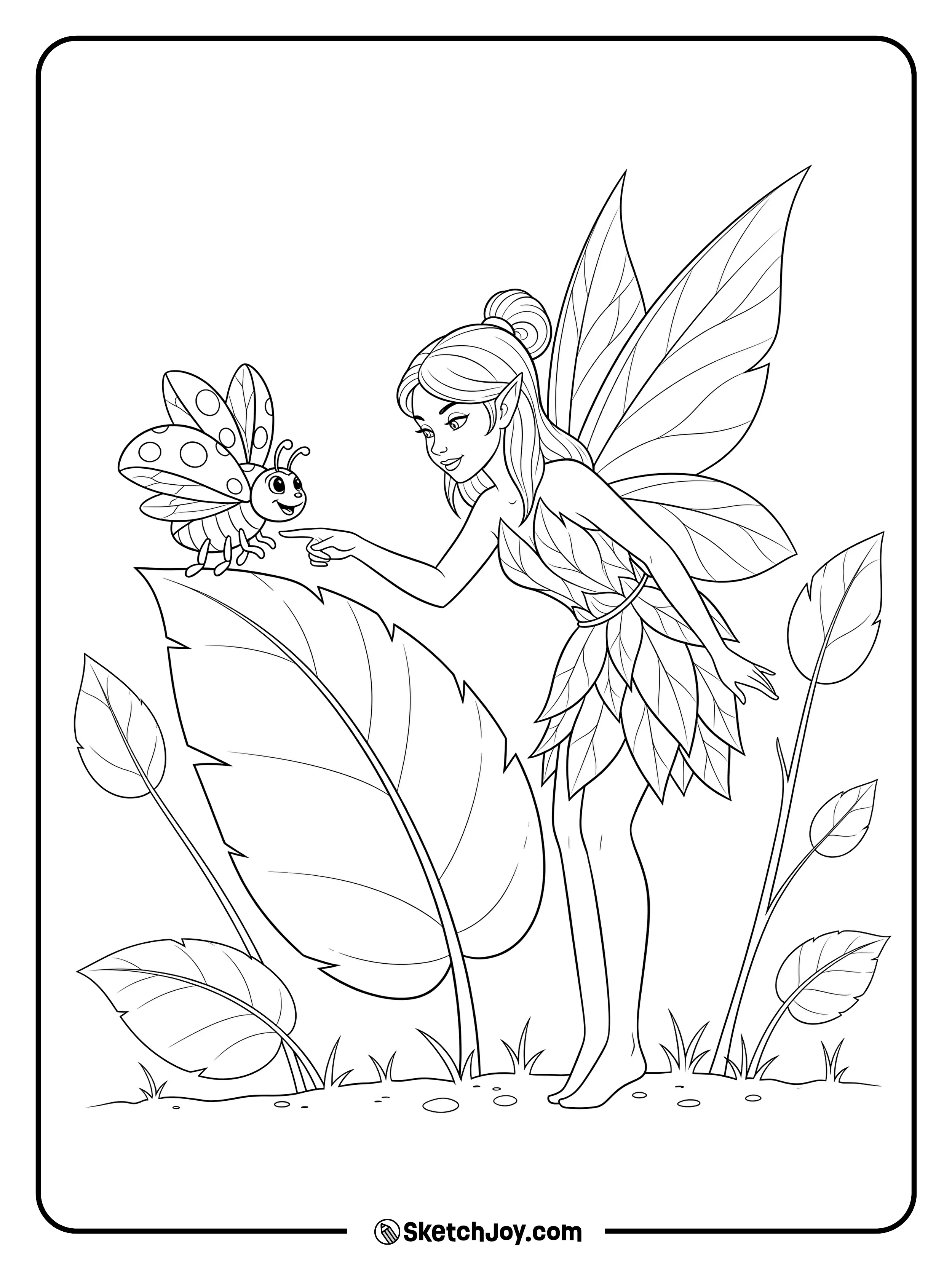 A fairy gently helps a ladybug climb onto a leaf.