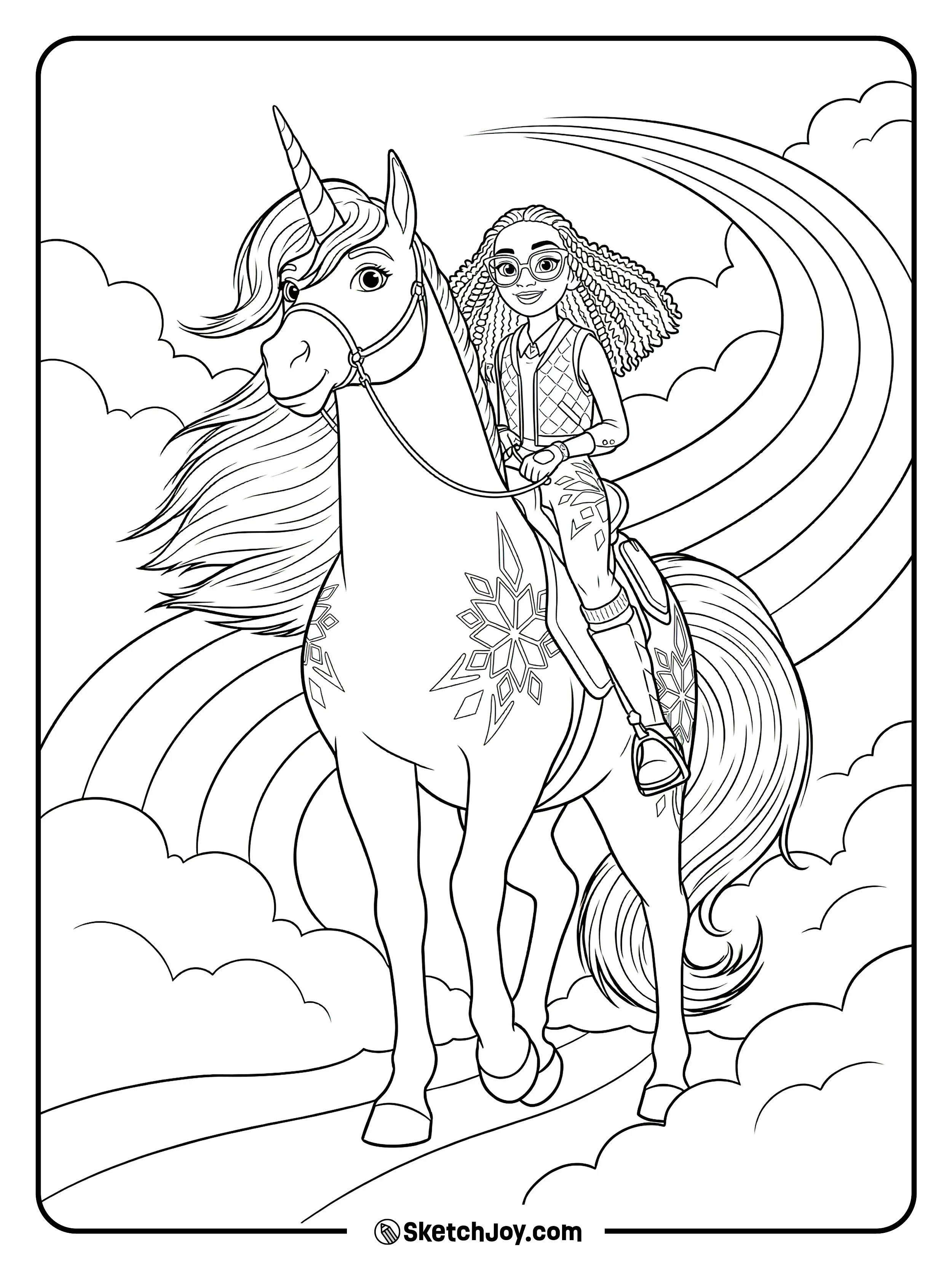 Layla rides Glacier with her curly hair flying, while icy snowflake marks shine on the unicorn’s side.