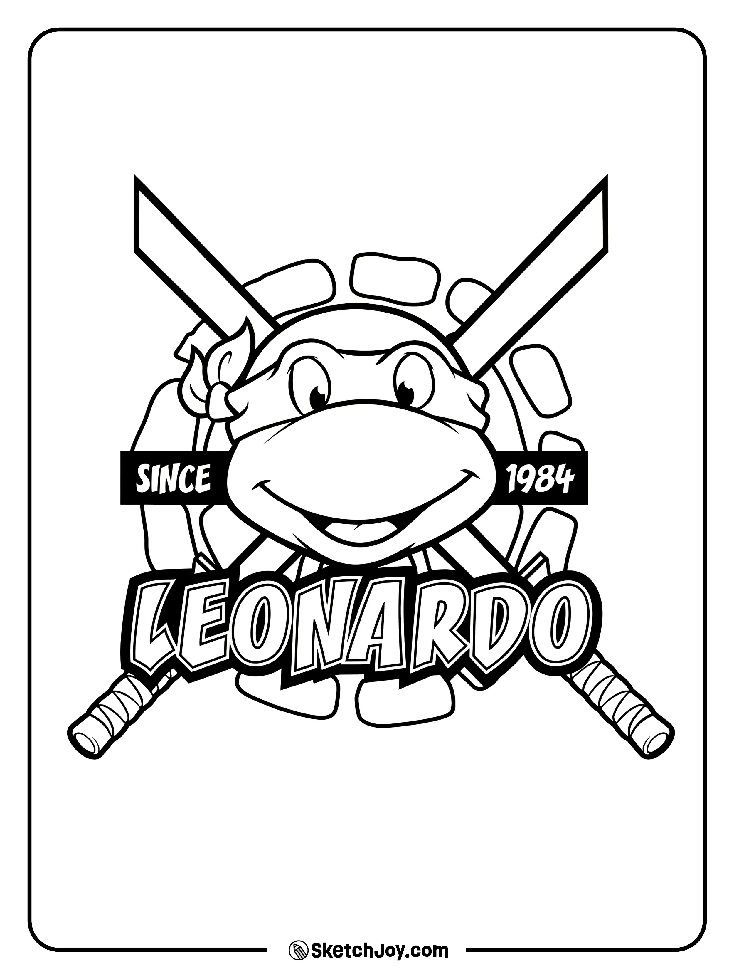 Leonardo appears in a badge with crossed katanas and a bold “Since 1984” banner across the front.