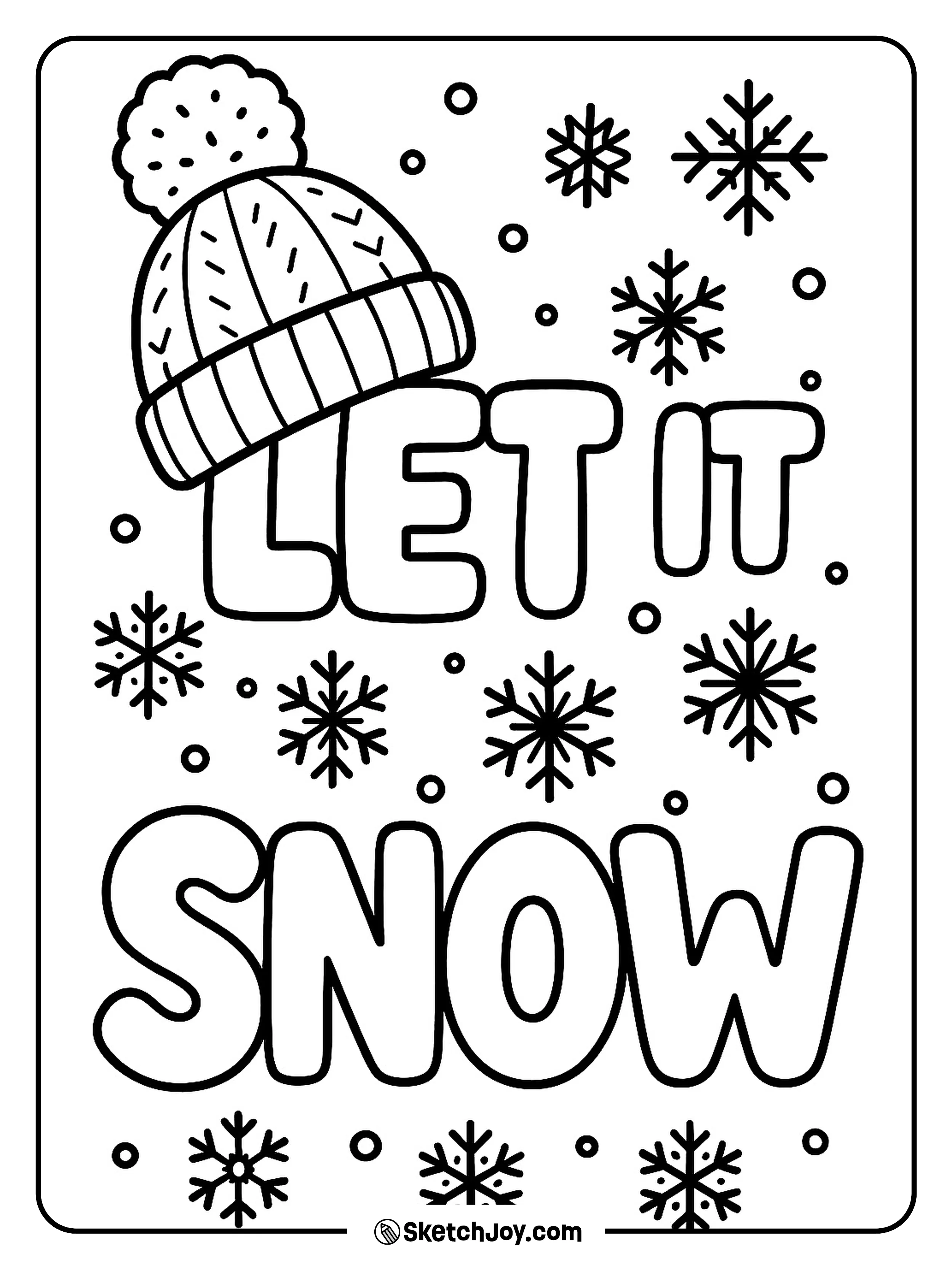 Big words sit under falling snow with a cute hat on top.