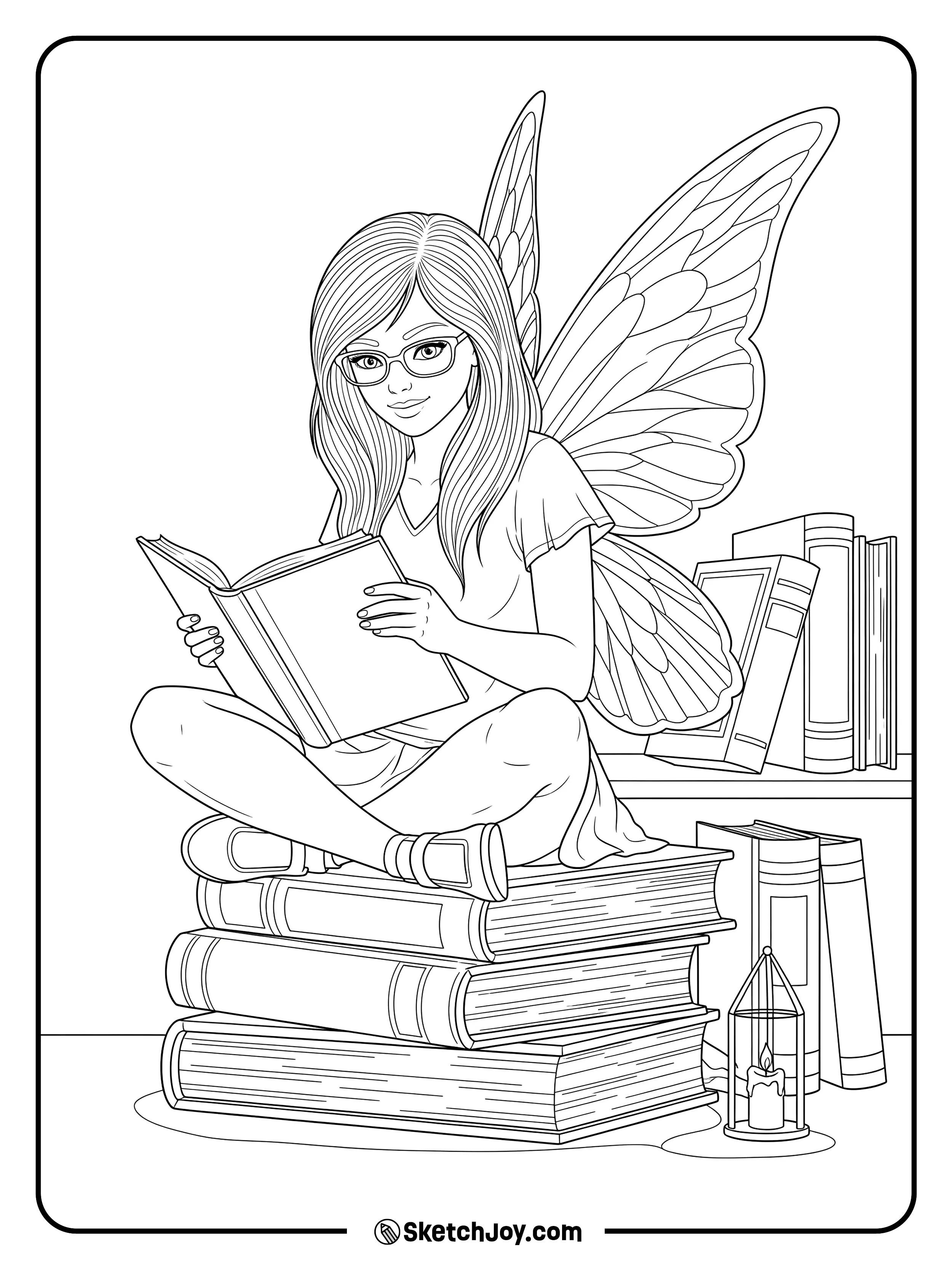 A book-loving fairy sits on a stack of books and reads with care.