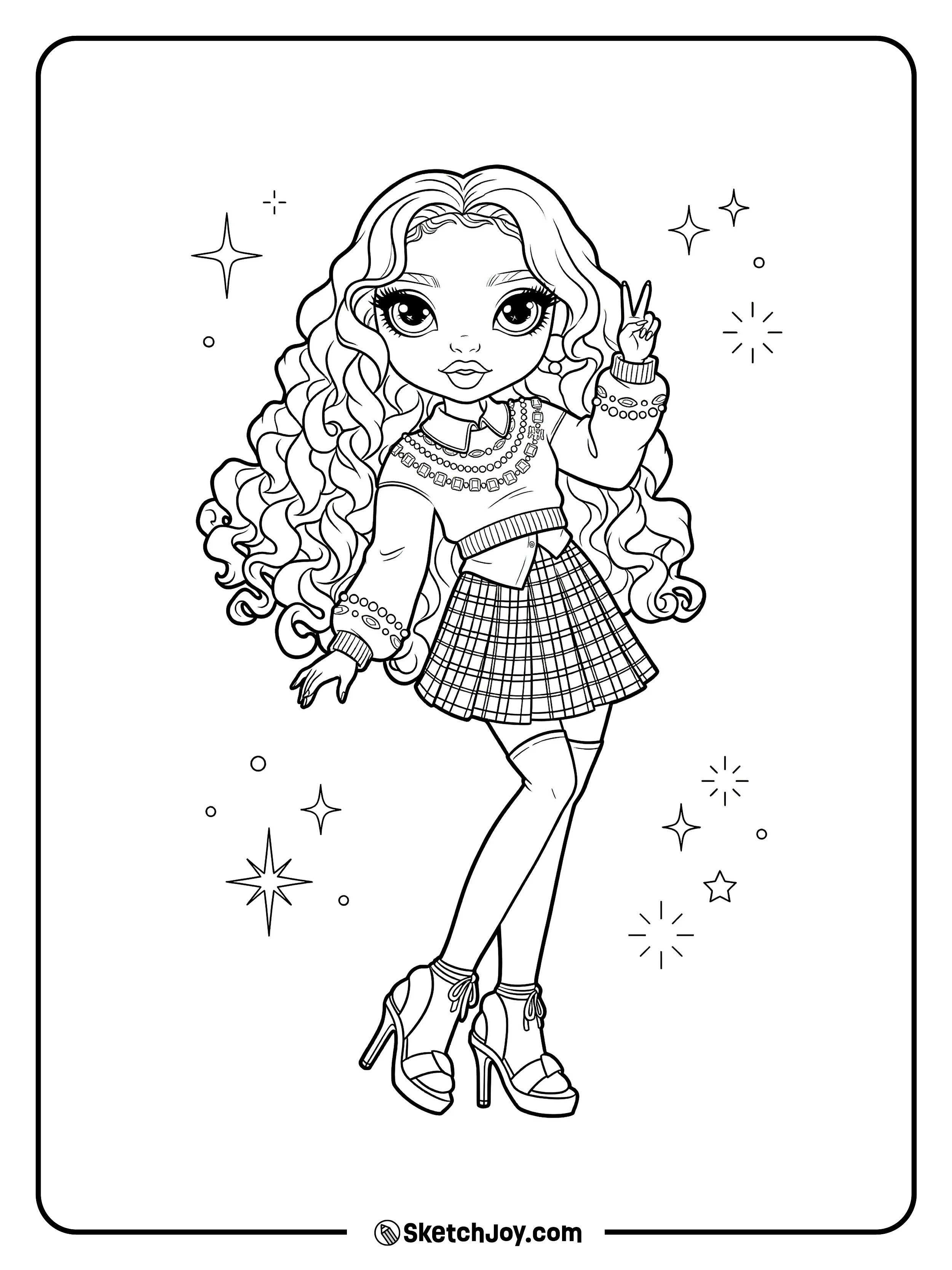 Lilac Lane gives a cute peace sign in a plaid skirt and sweater with long curly hair.