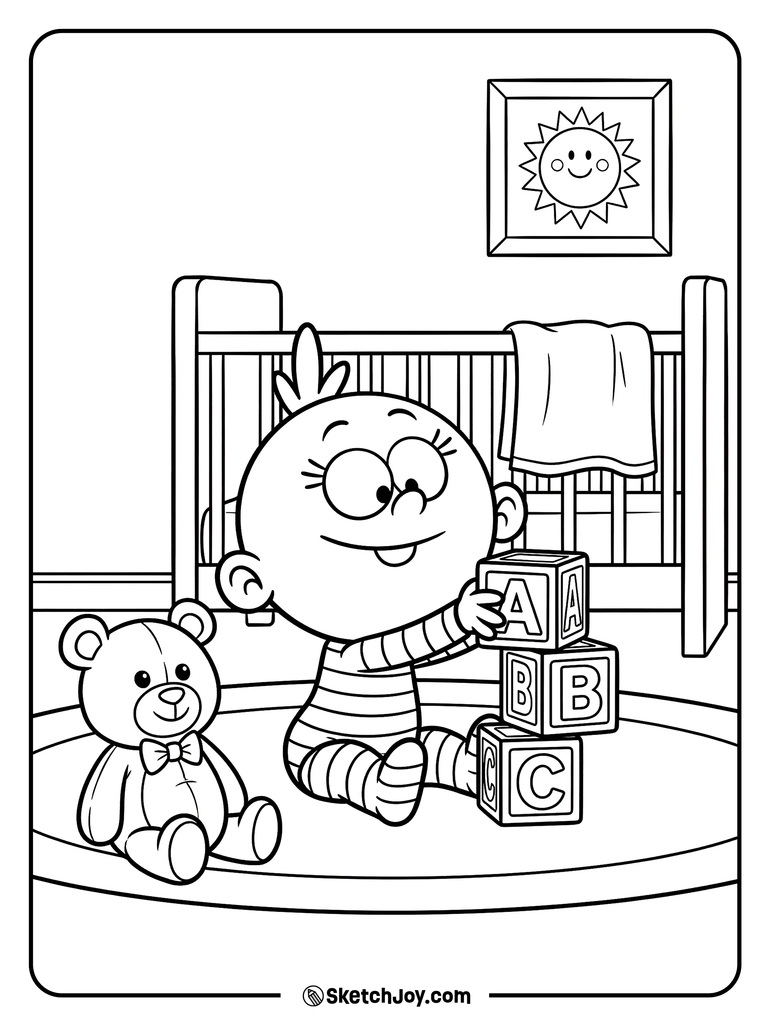 Lily plays with blocks and giggles in her room.