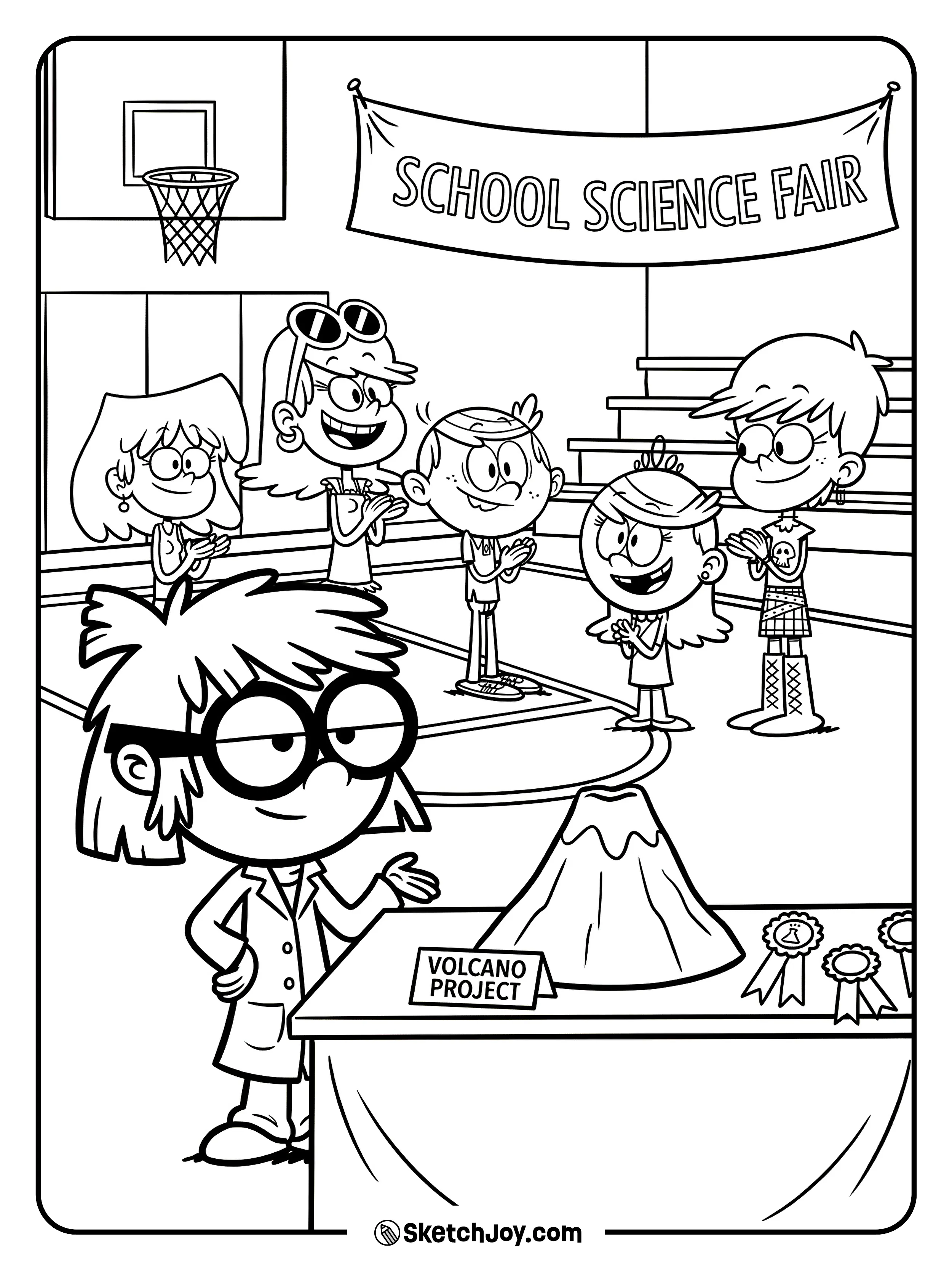 Lisa shows her volcano project while her siblings cheer.