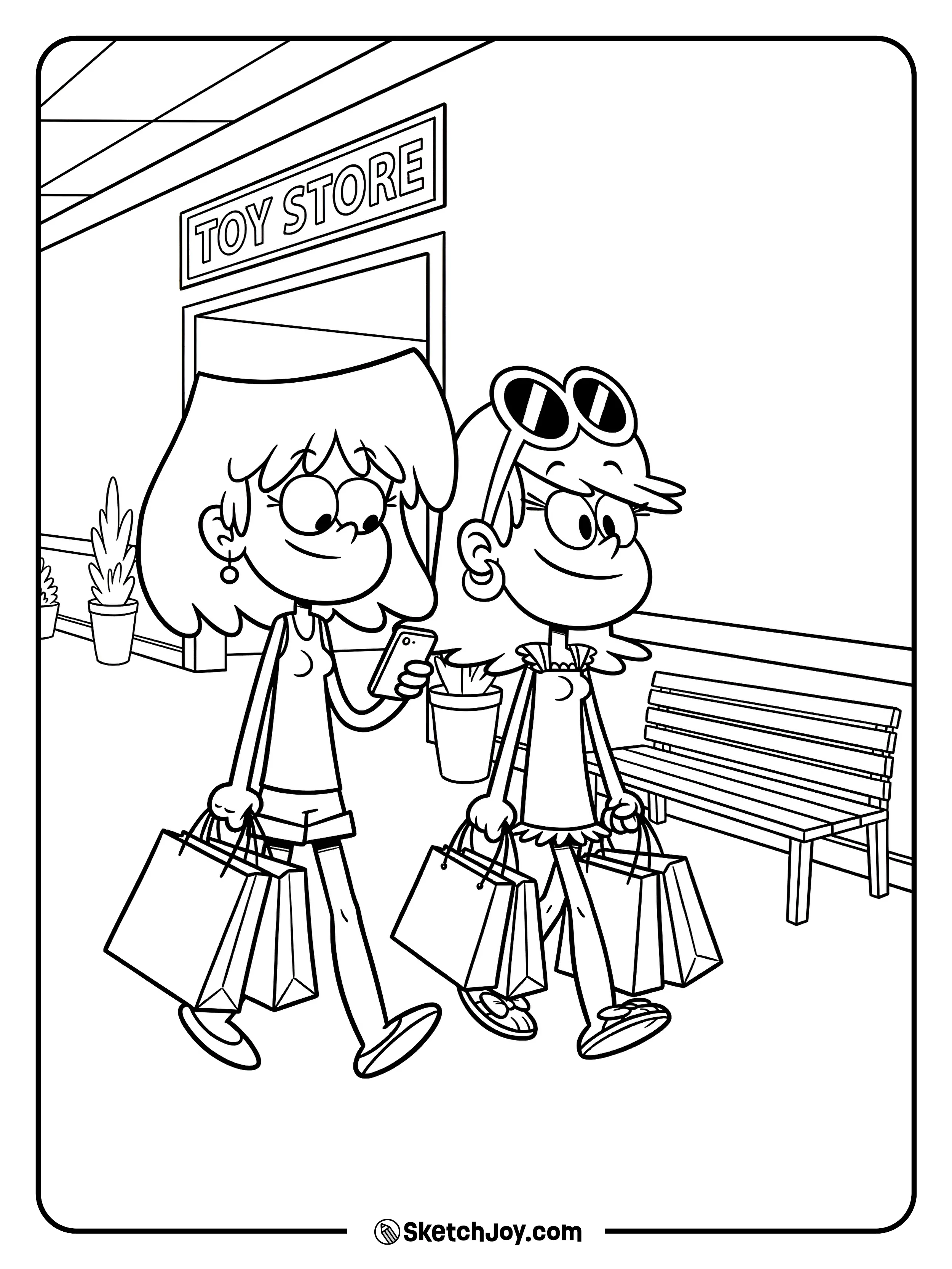 Lori and Leni walk with shopping bags and happy smiles.