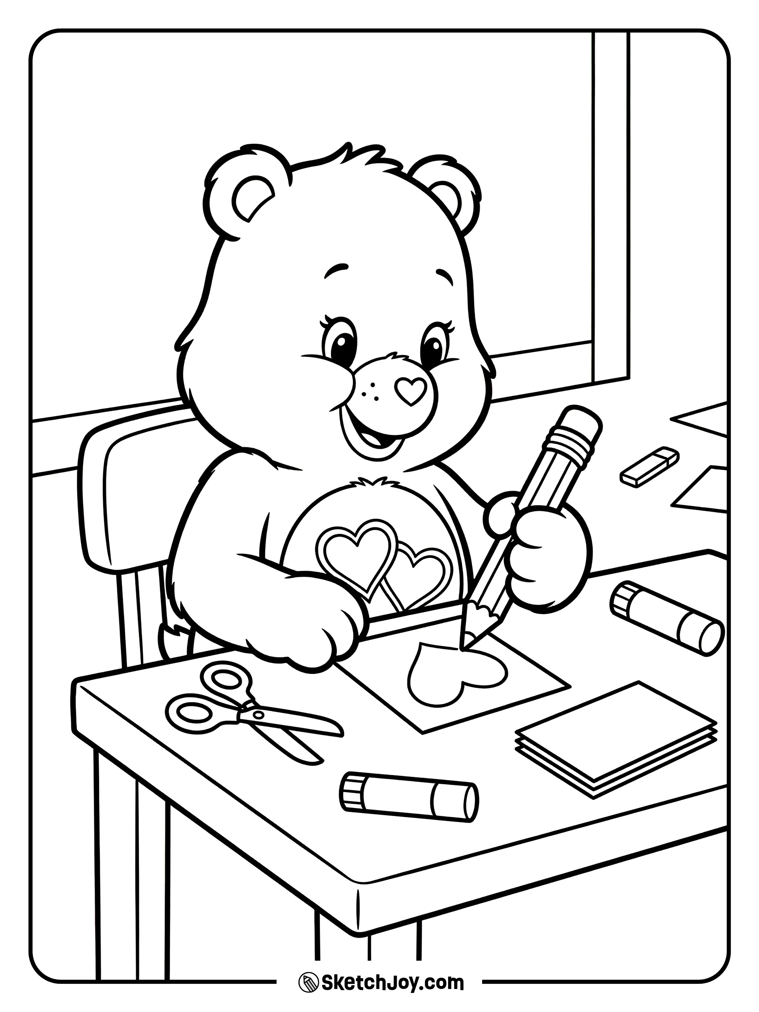 Love-a-Lot Bear makes a heart card at a small desk.