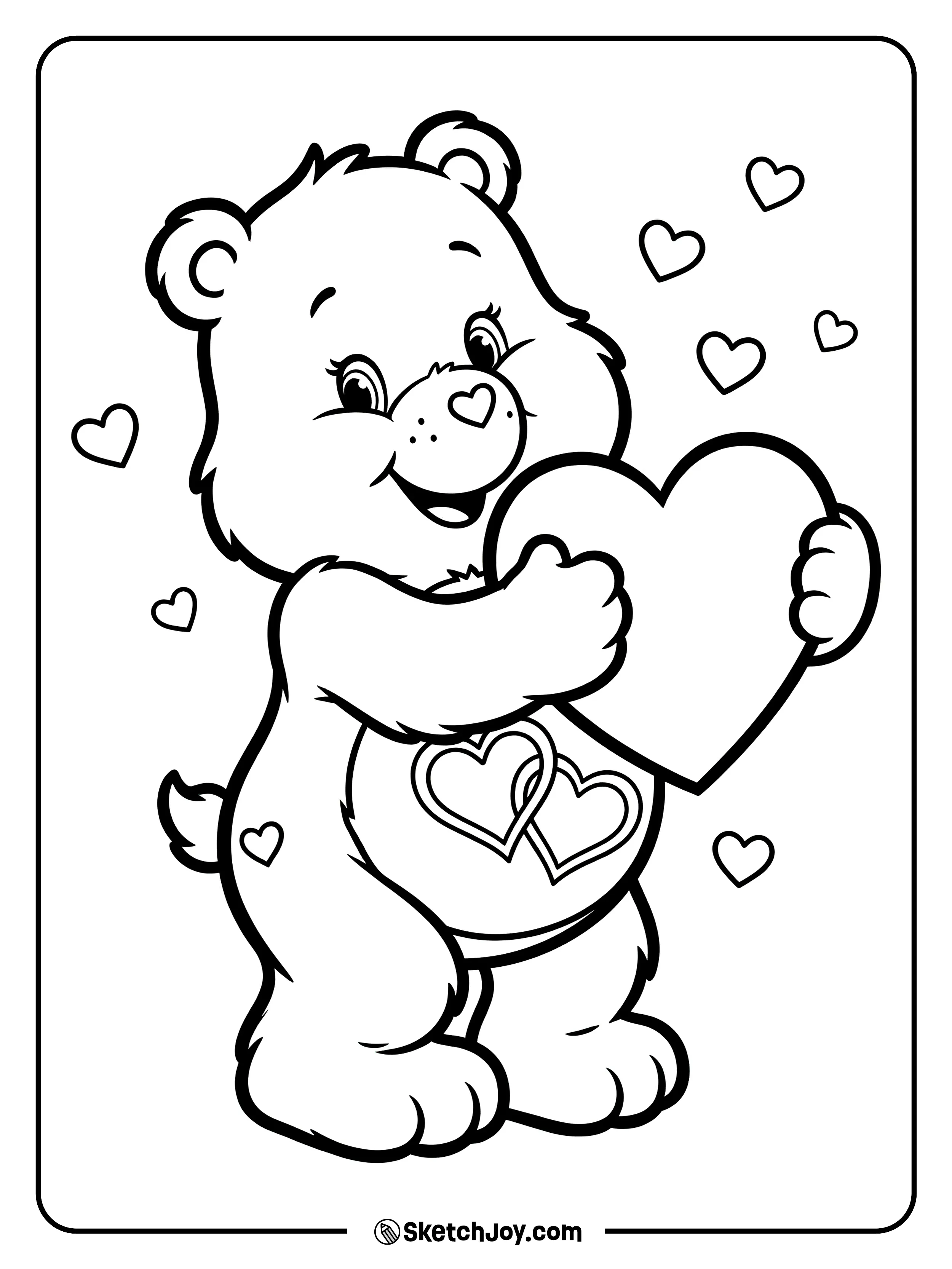 Love-a-Lot Bear hugs a big heart close.