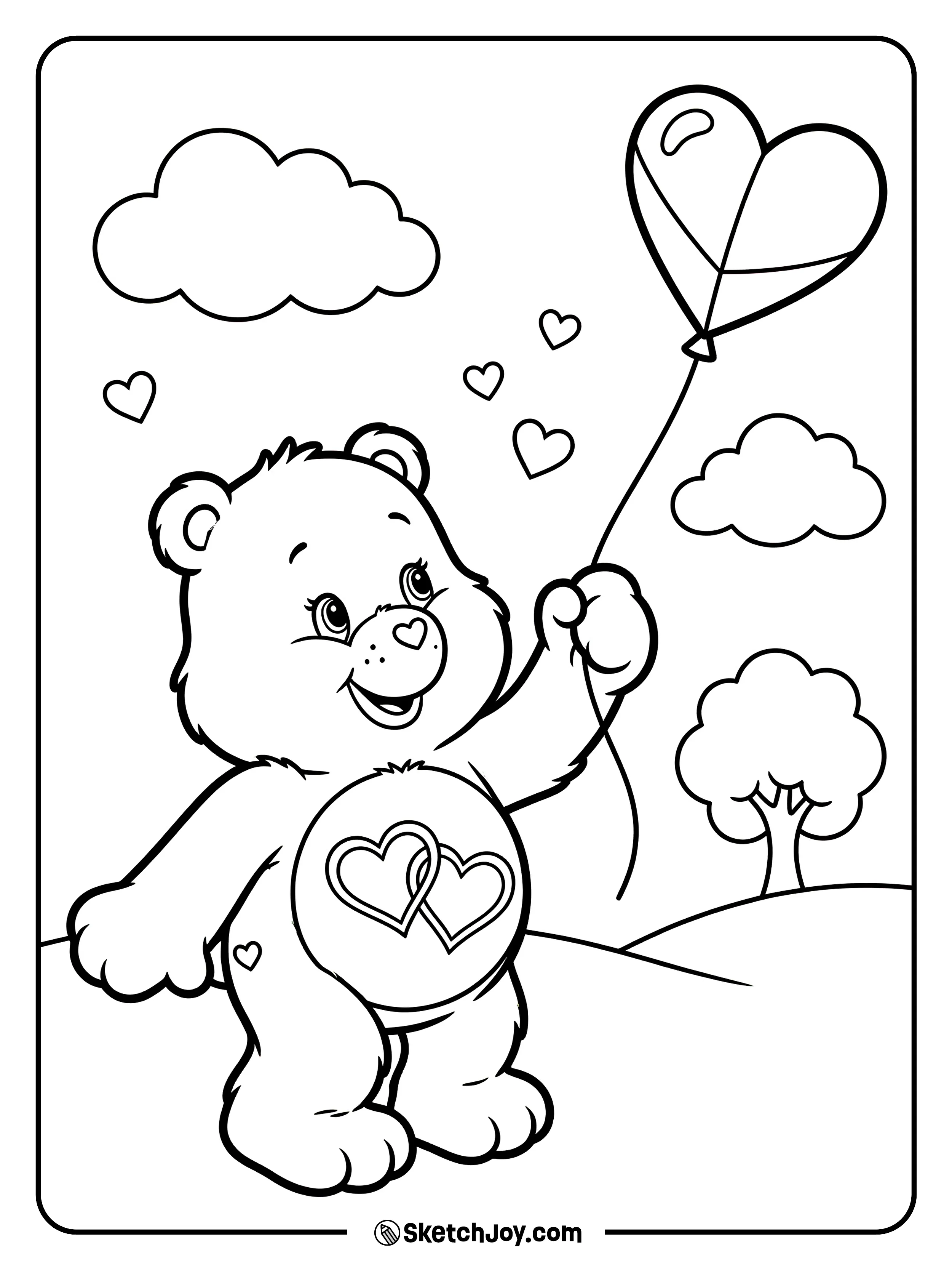 Love-a-Lot Bear flies a heart kite in a breezy park.