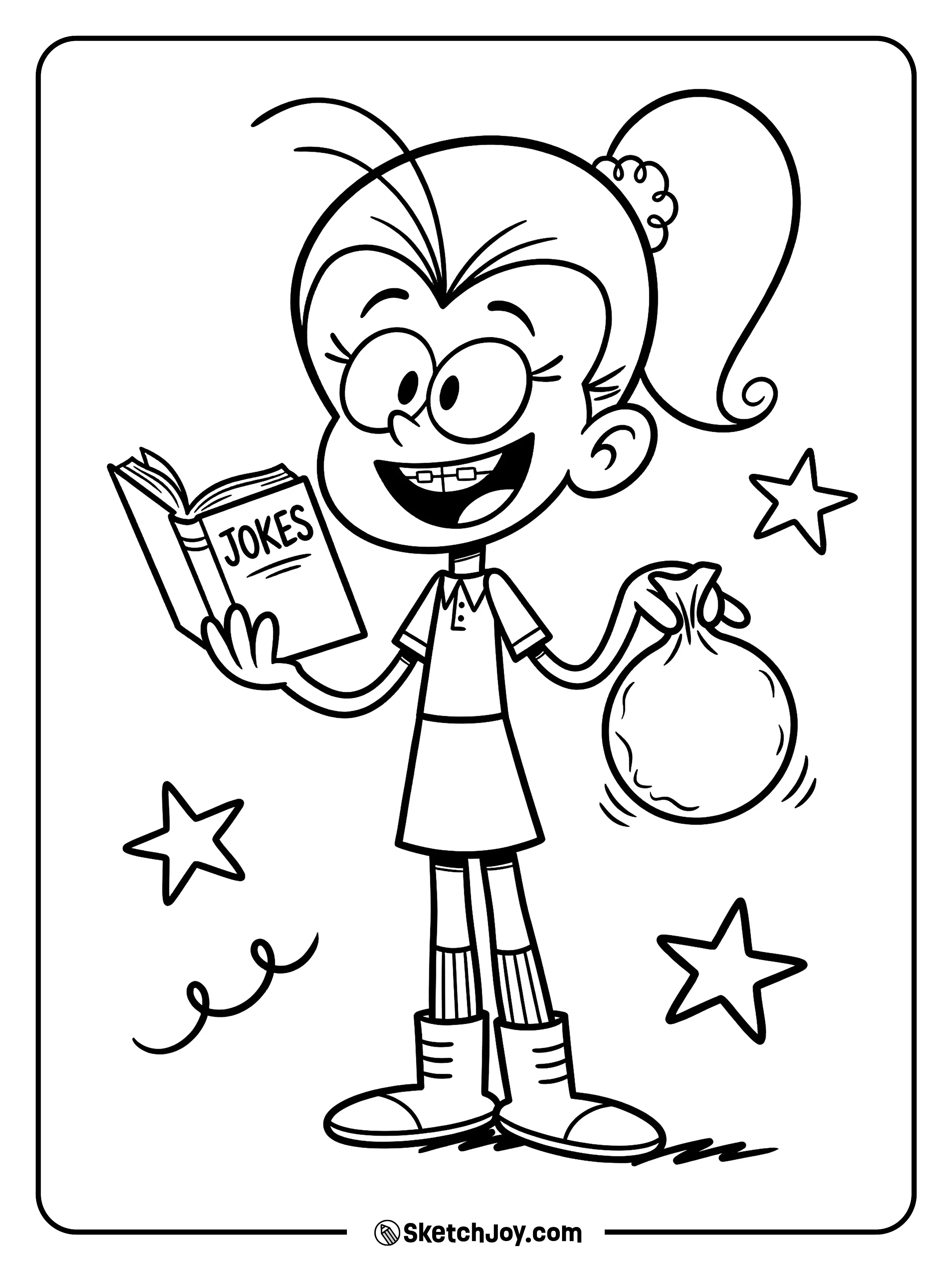 Luan holds her joke book and looks ready to prank.