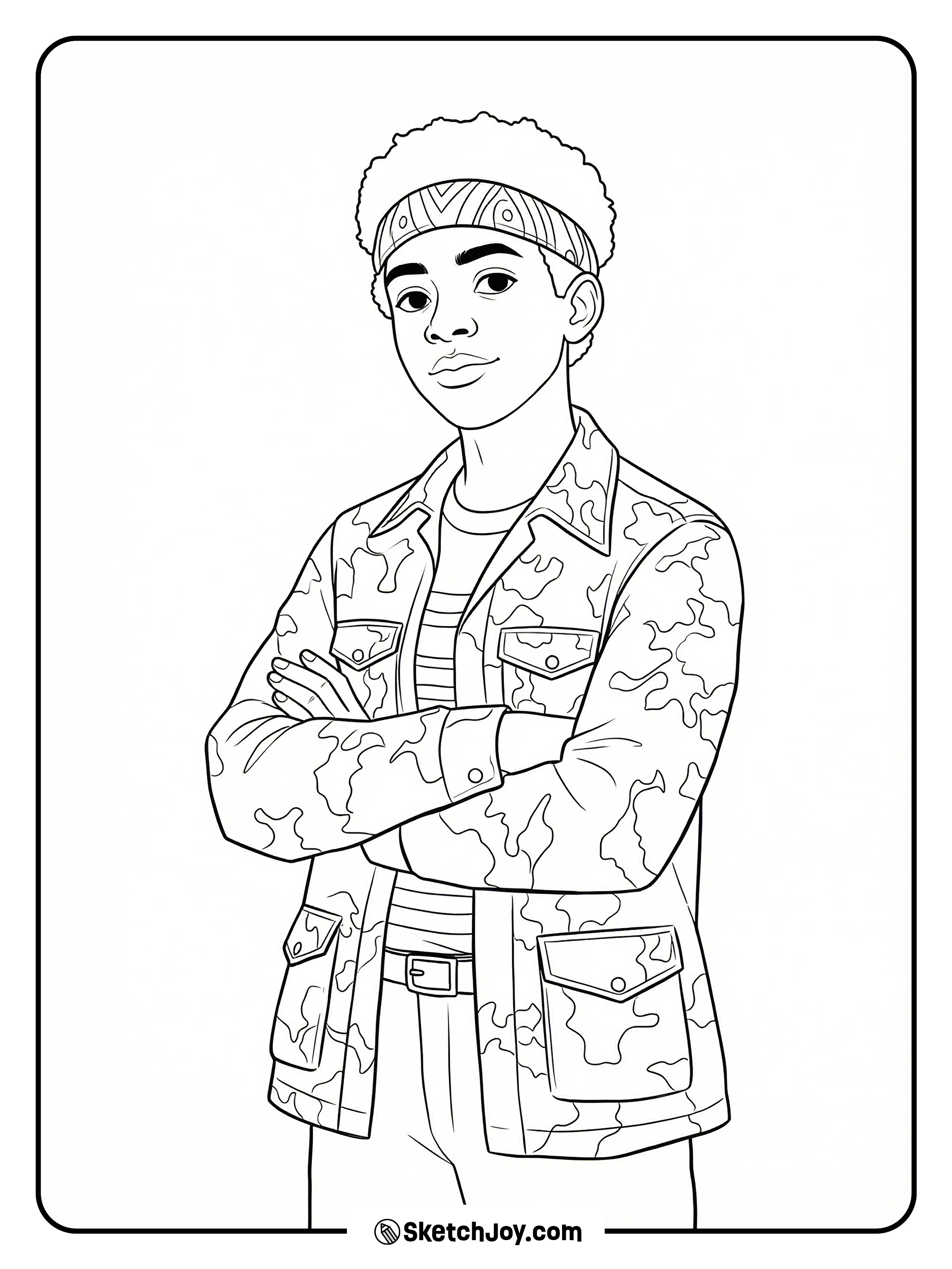 Lucas stands with arms crossed in his camo jacket and headband, giving a cool, calm stare.