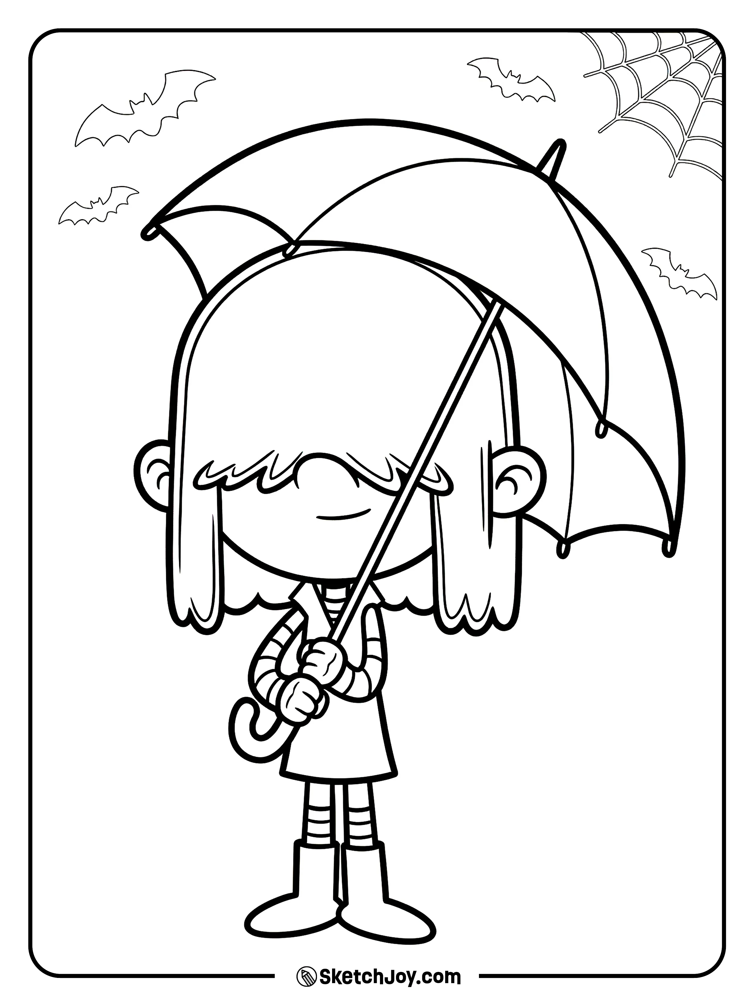 Lucy holds her umbrella and looks calm and cool.