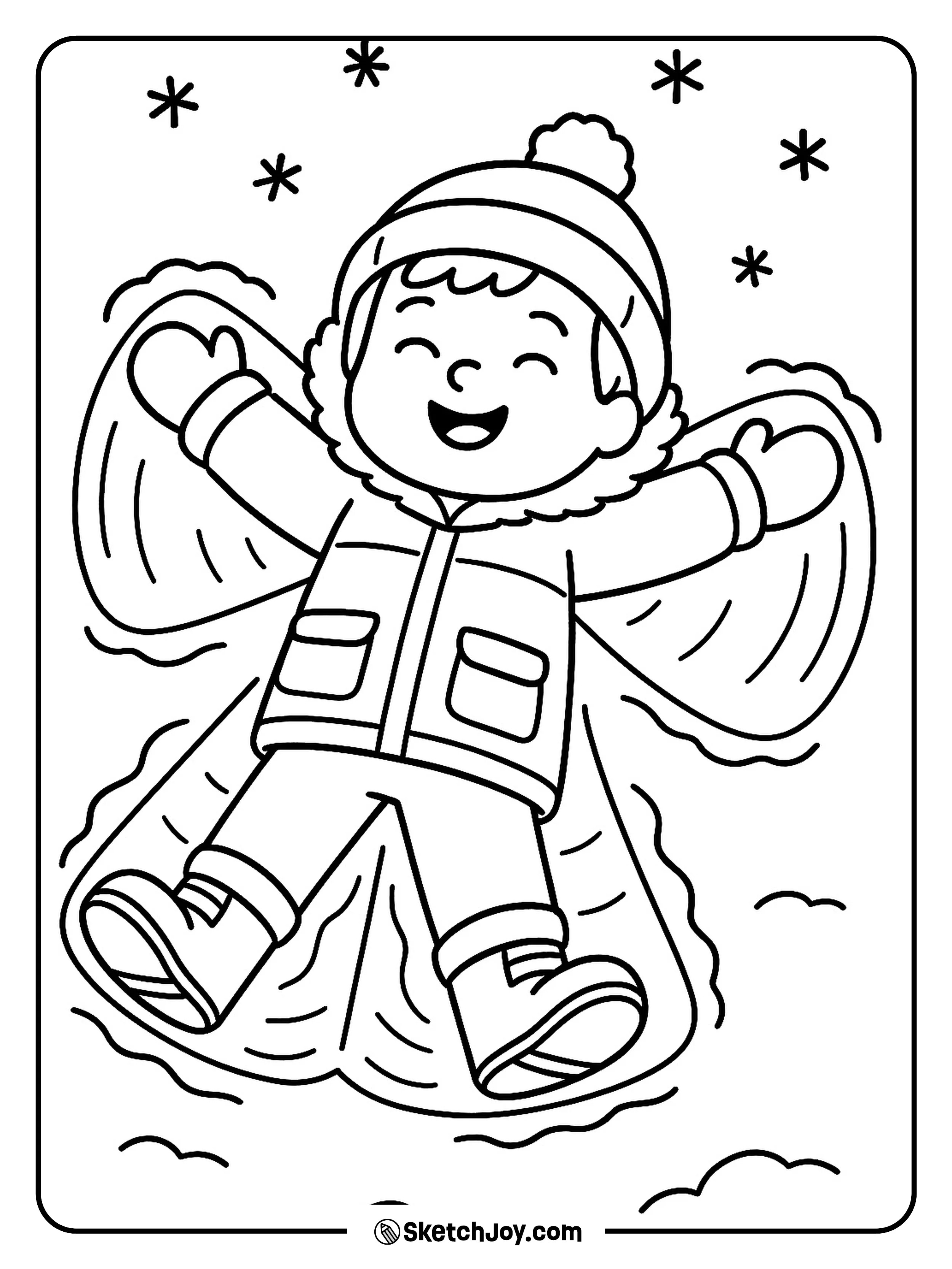 A kid lies back and makes a snow angel with wide arms.