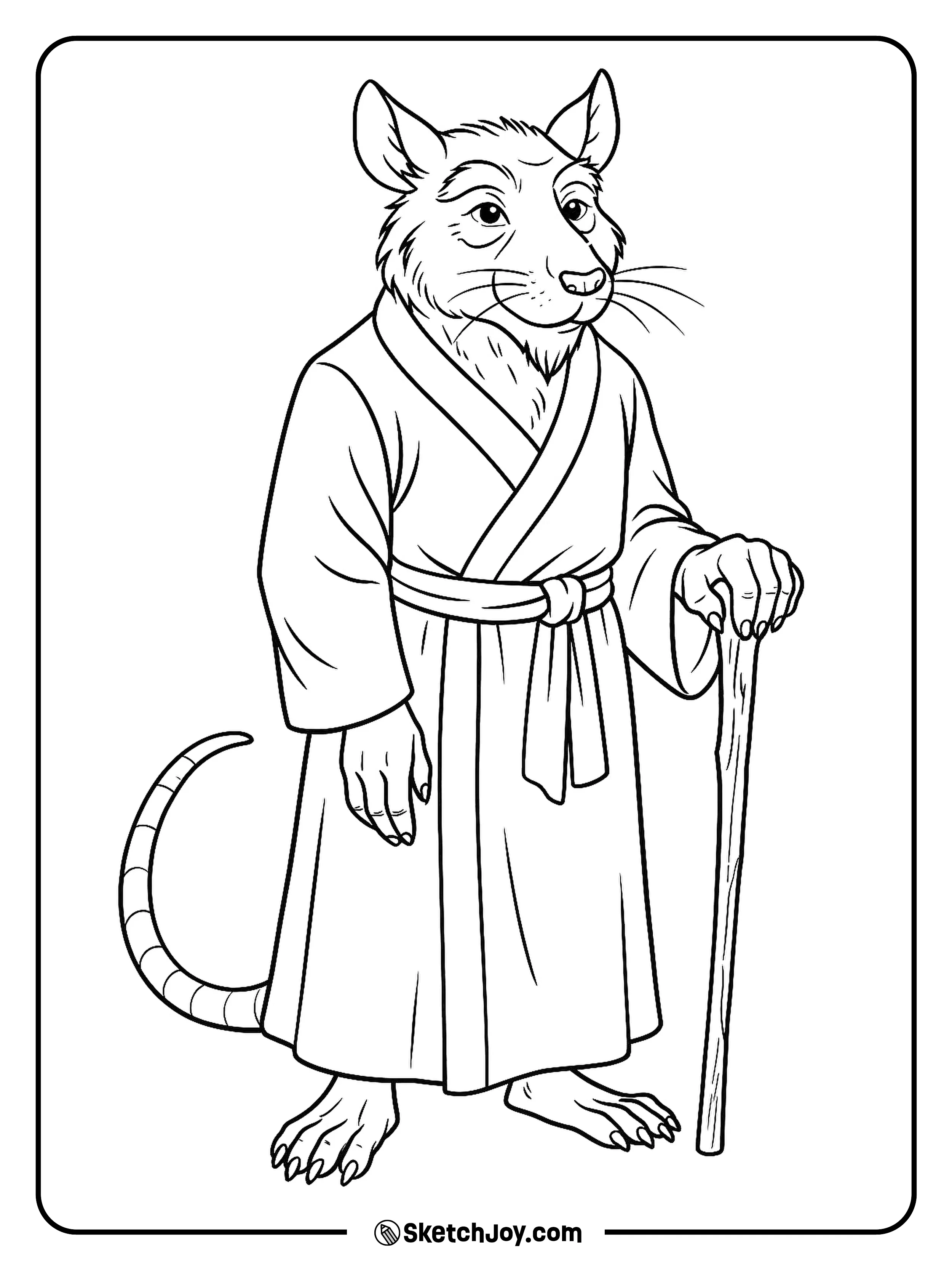 Master Splinter stands calmly in his robe holding his staff.