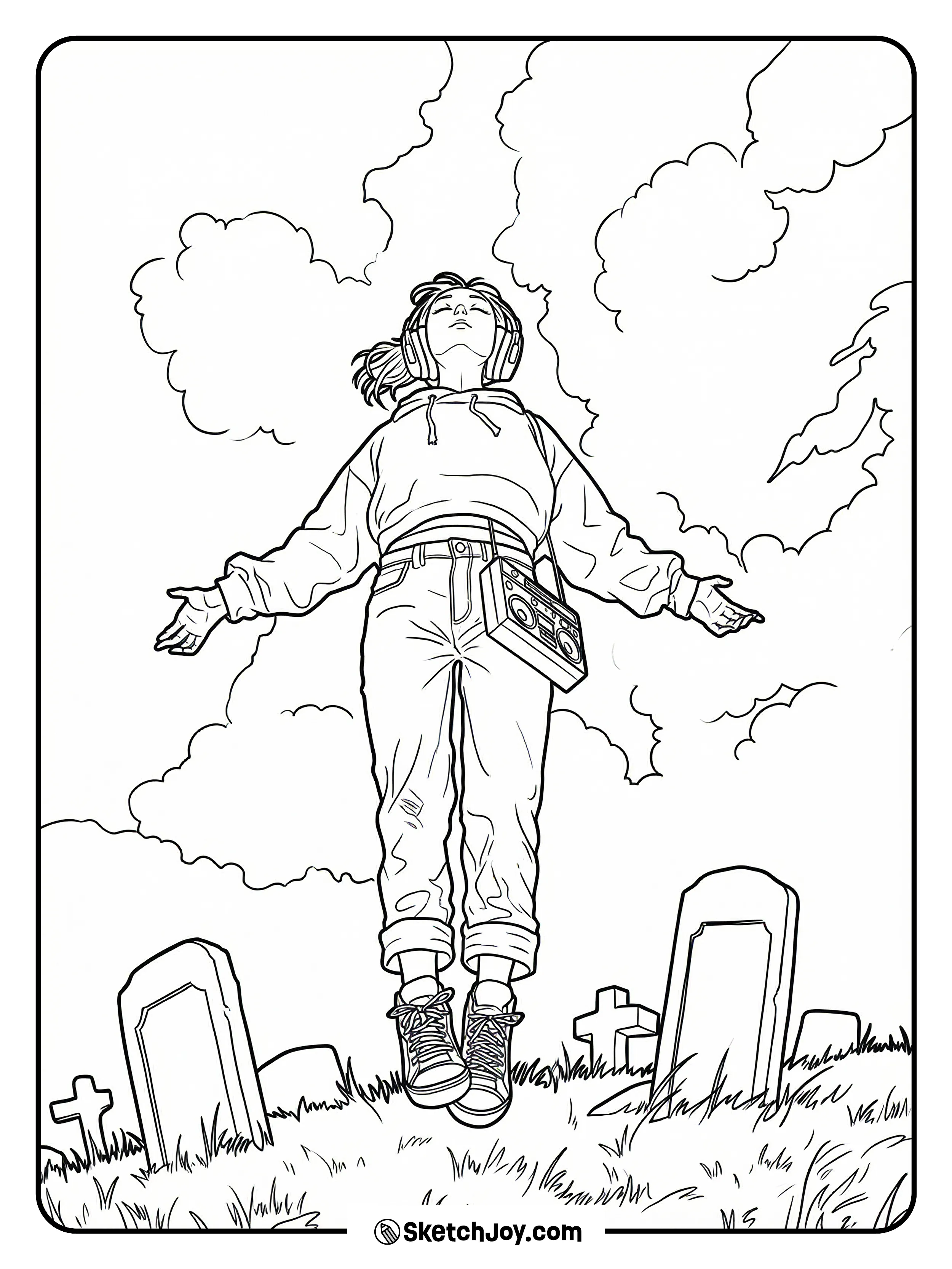 Max rises into the air above the graves, eyes closed, headphones on, and her music player hanging at her side.
