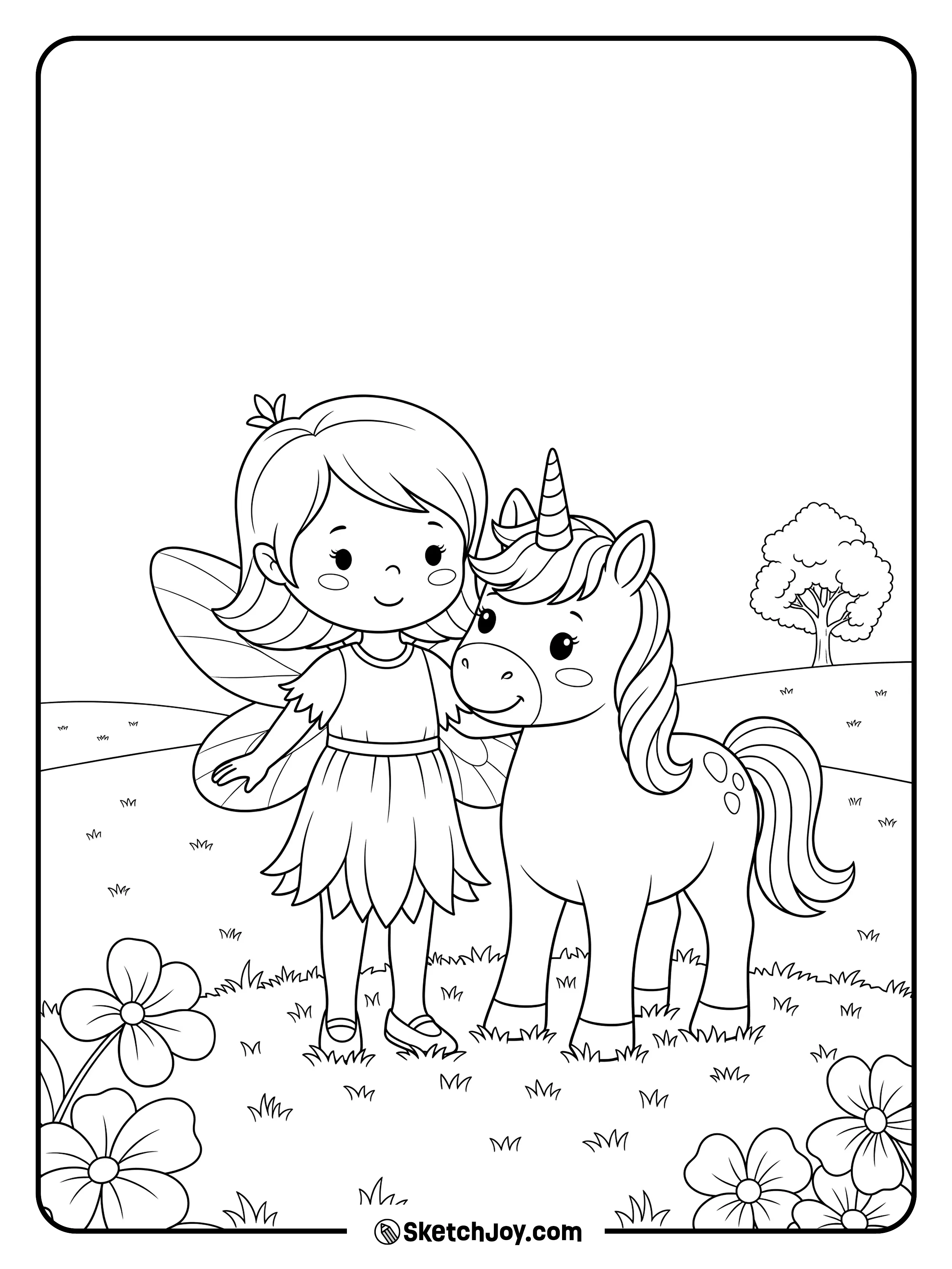A kind fairy pats a friendly unicorn in a soft grass field.