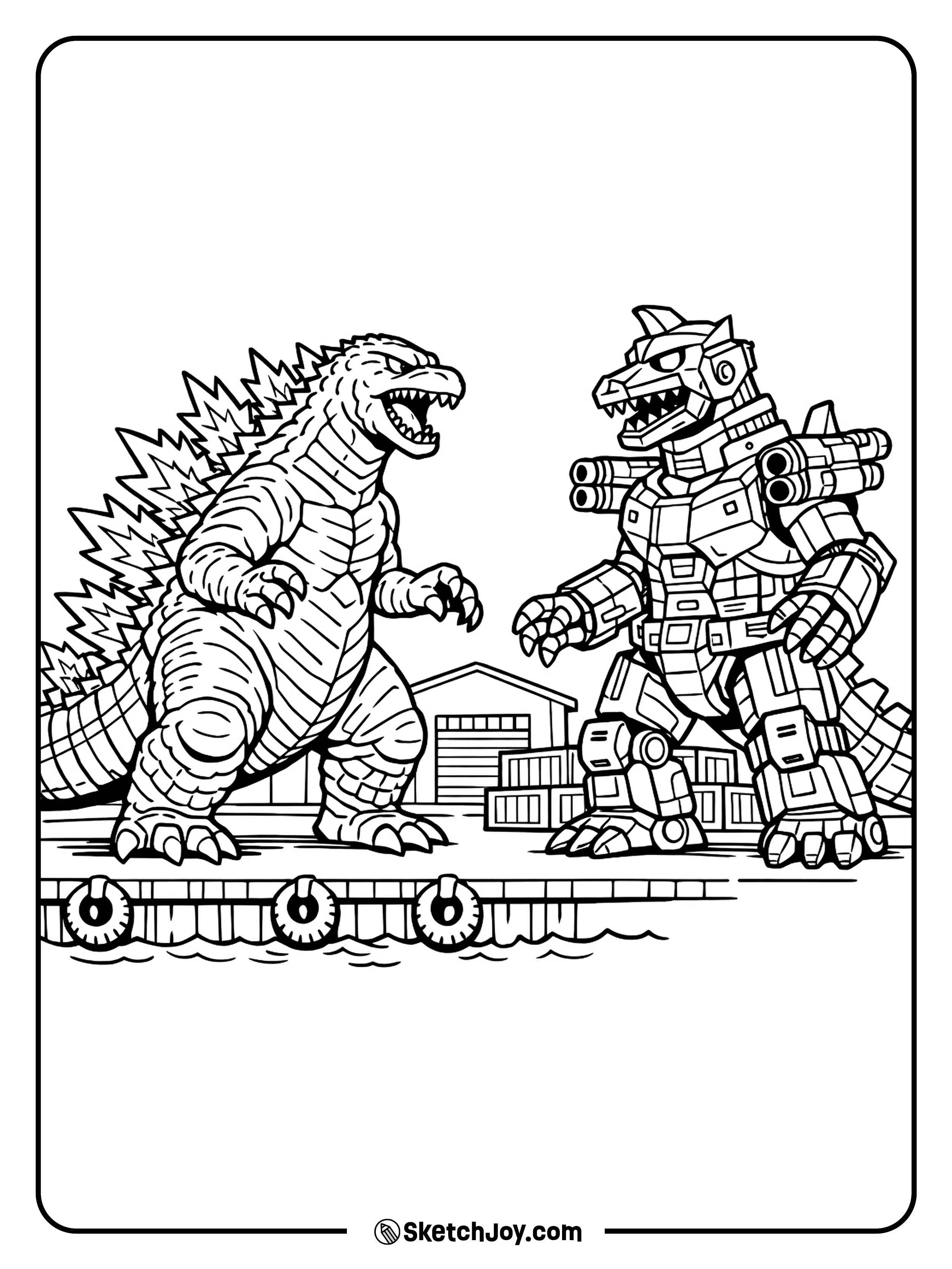 Godzilla faces a robot rival in a tense moment by the docks.