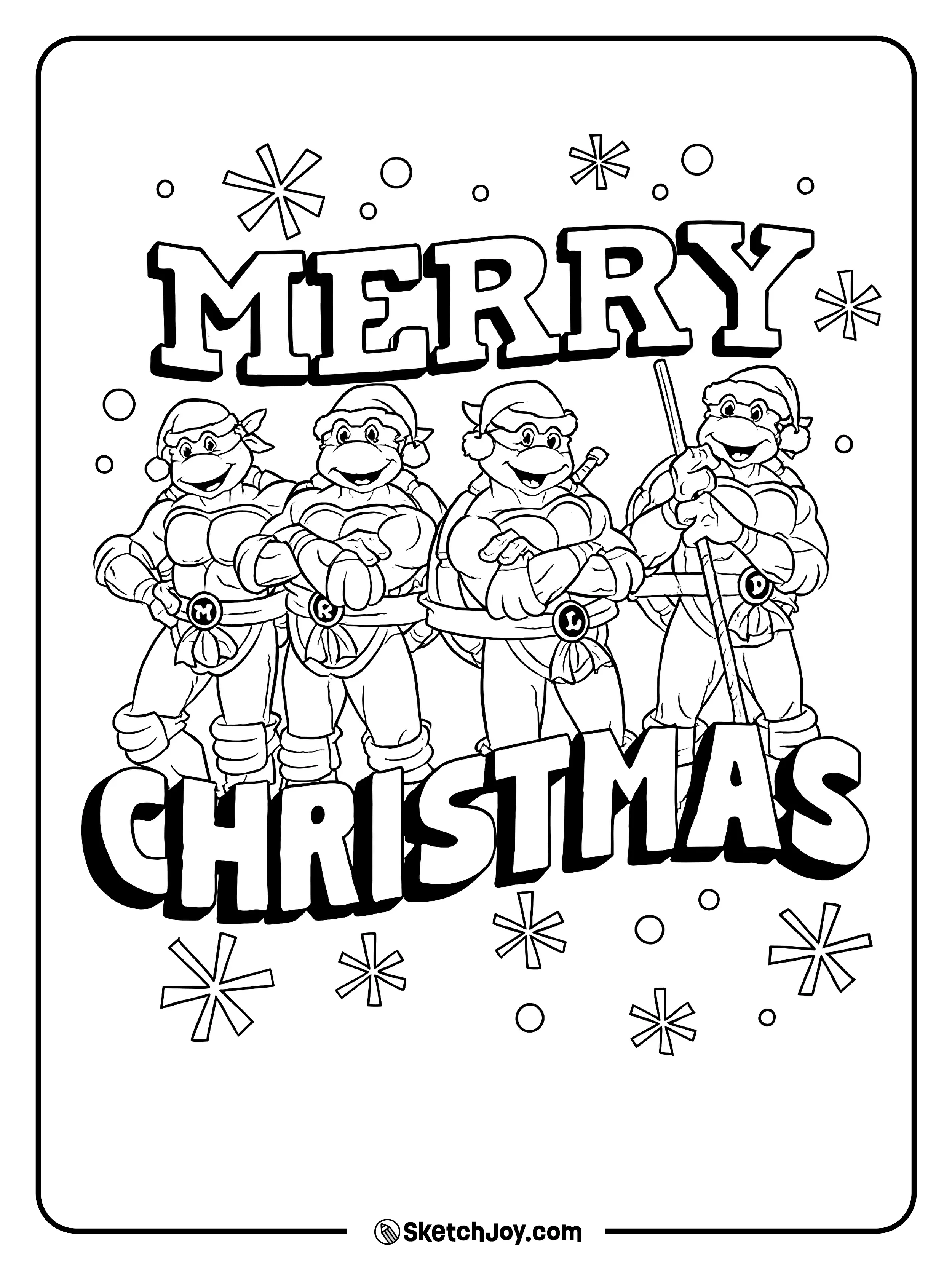 Leonardo, Raphael, Donatello, and Michelangelo stand in a row wearing Santa hats under big Merry Christmas words with snow and stars.