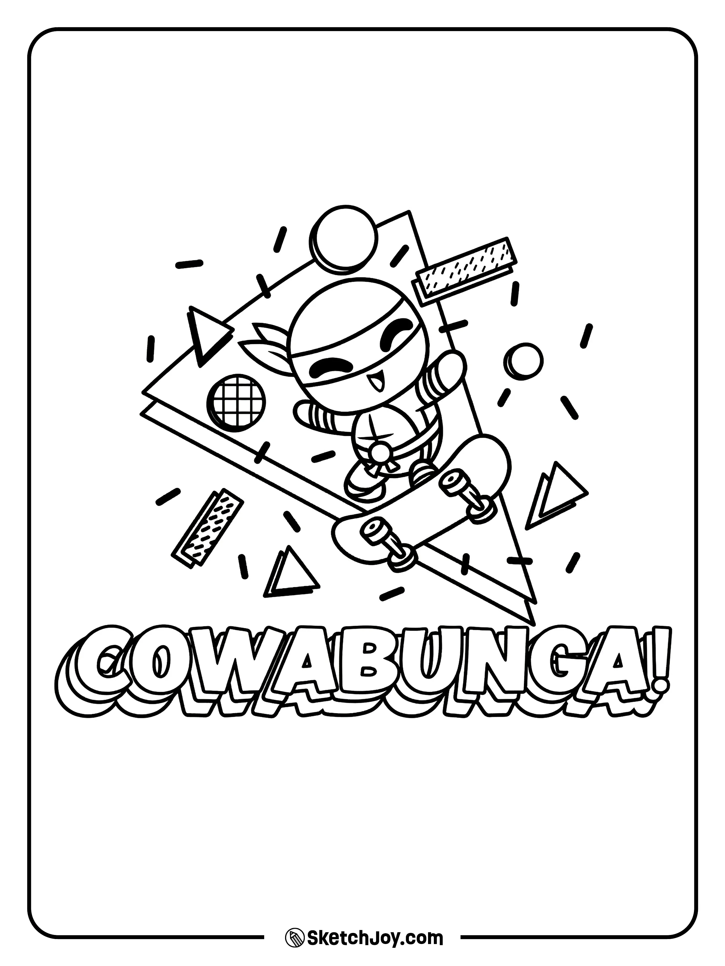 Michelangelo rides his skateboard in front of a giant pizza slice with the word “Cowabunga” in bold letters below him.