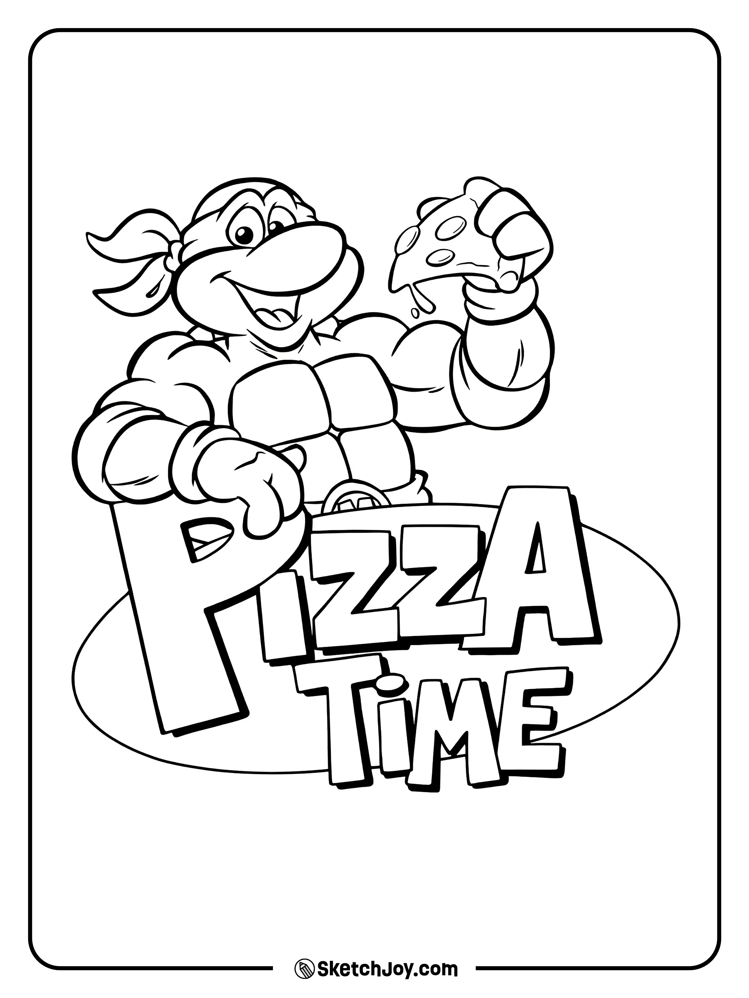 Michelangelo holds up a cheesy pizza slice over the big “Pizza Time” text with a happy smile.