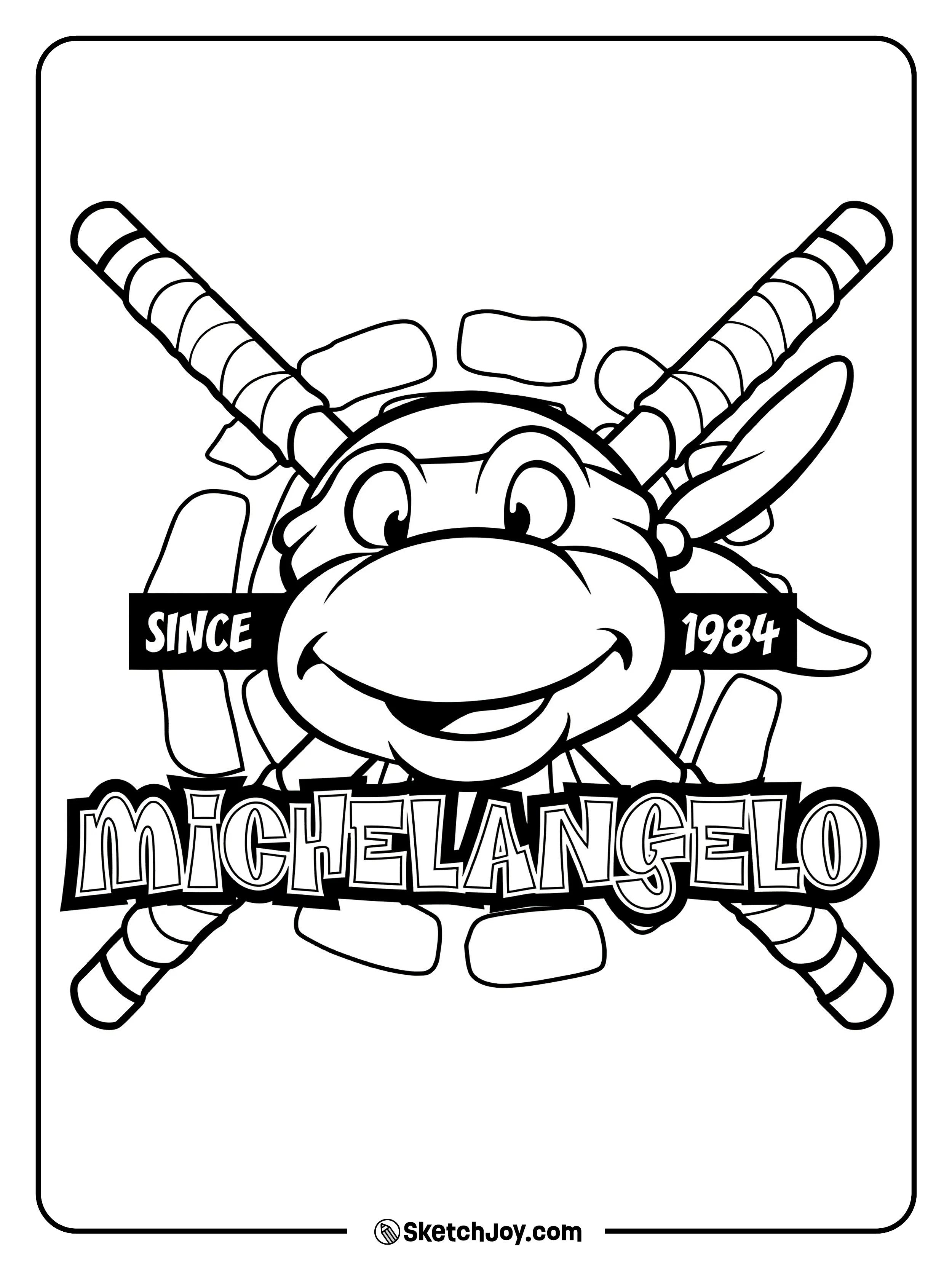 Michelangelo smiles wide in a badge with crossed nunchucks and the “Since 1984” banner beside him.