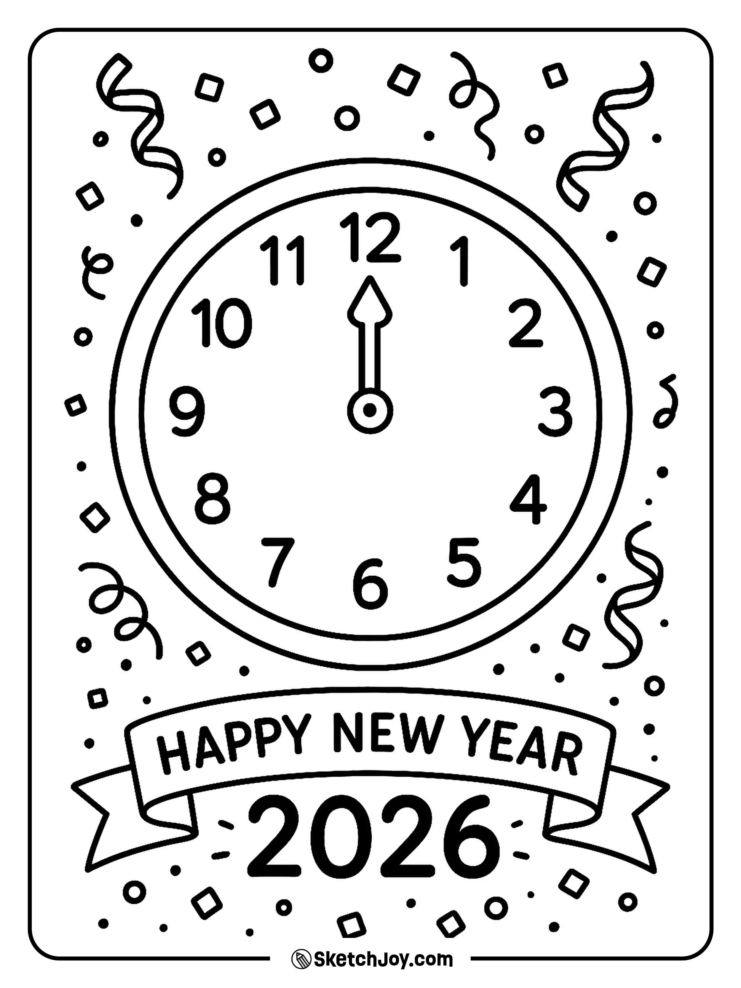 A big clock hits midnight with streamers around it.