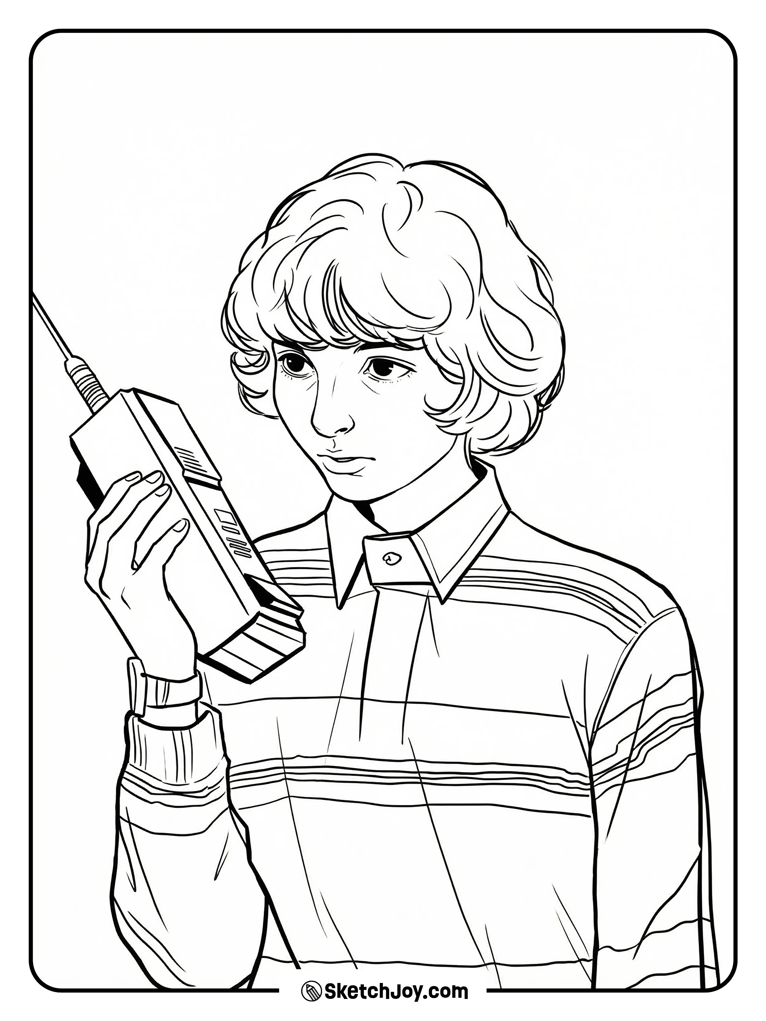 Mike holds a big walkie-talkie up to his ear and listens carefully in his striped shirt.