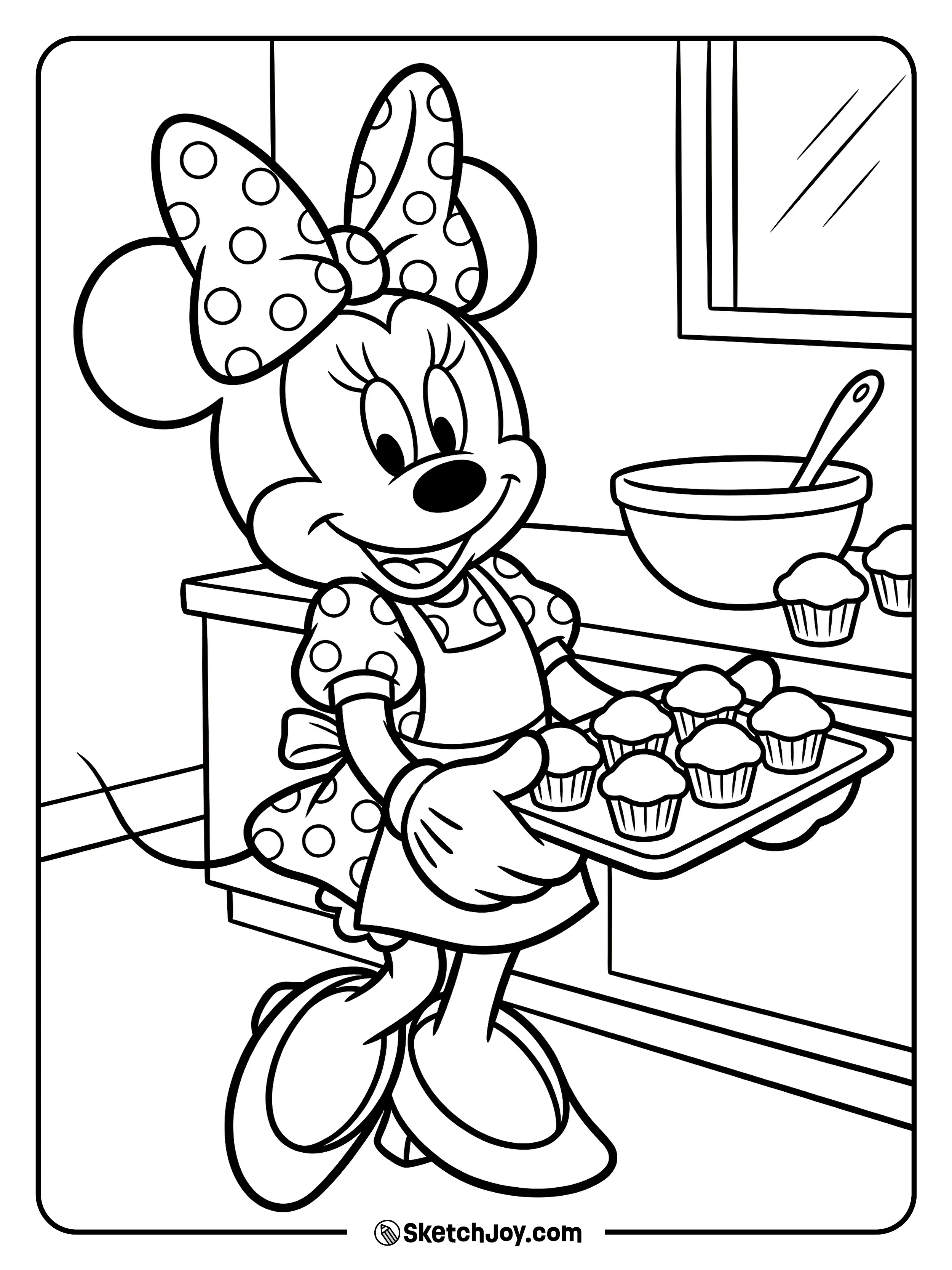 Minnie bakes with a tray of cupcakes and a big grin.