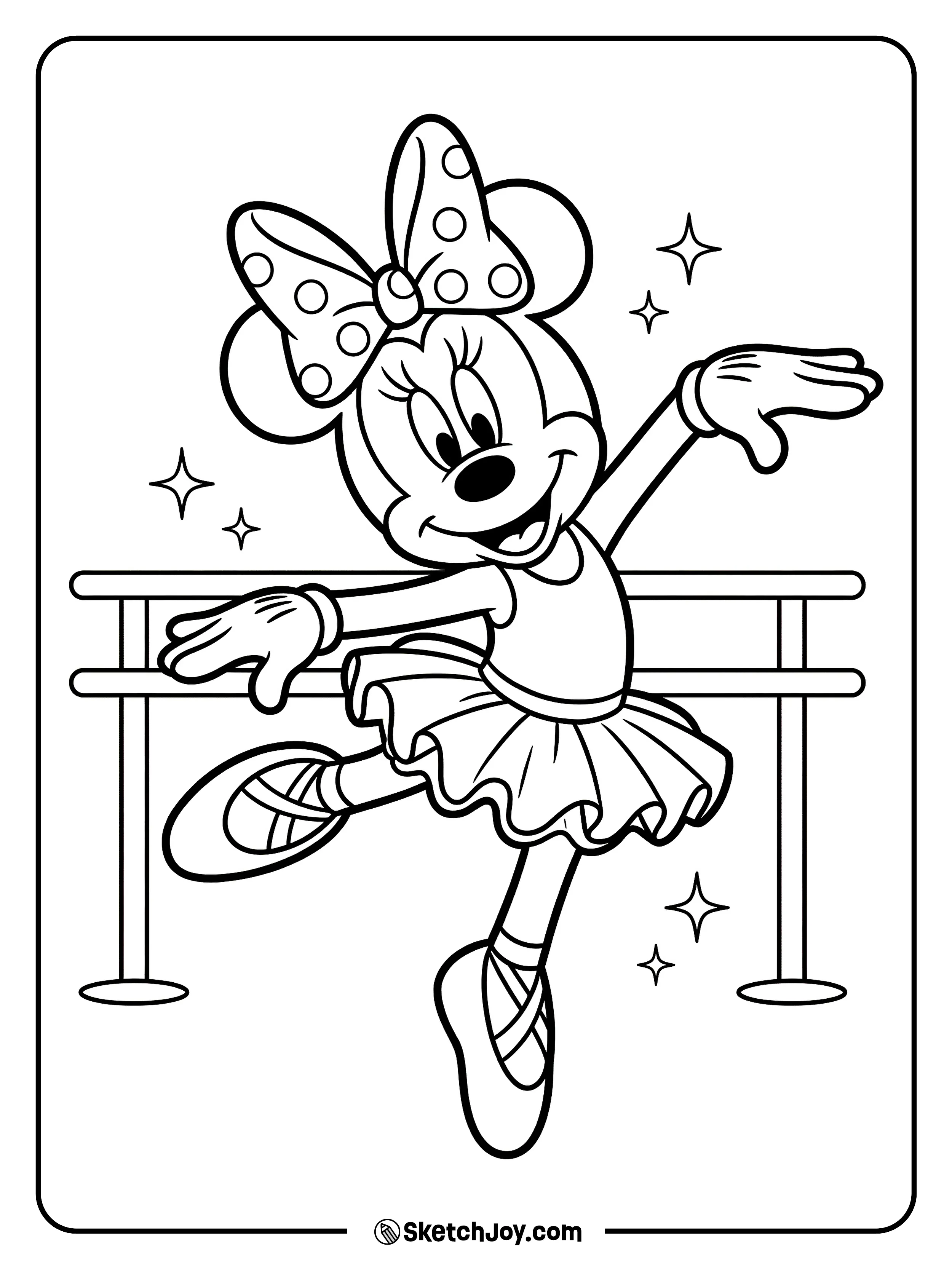 Minnie does a ballet pose near a simple barre.