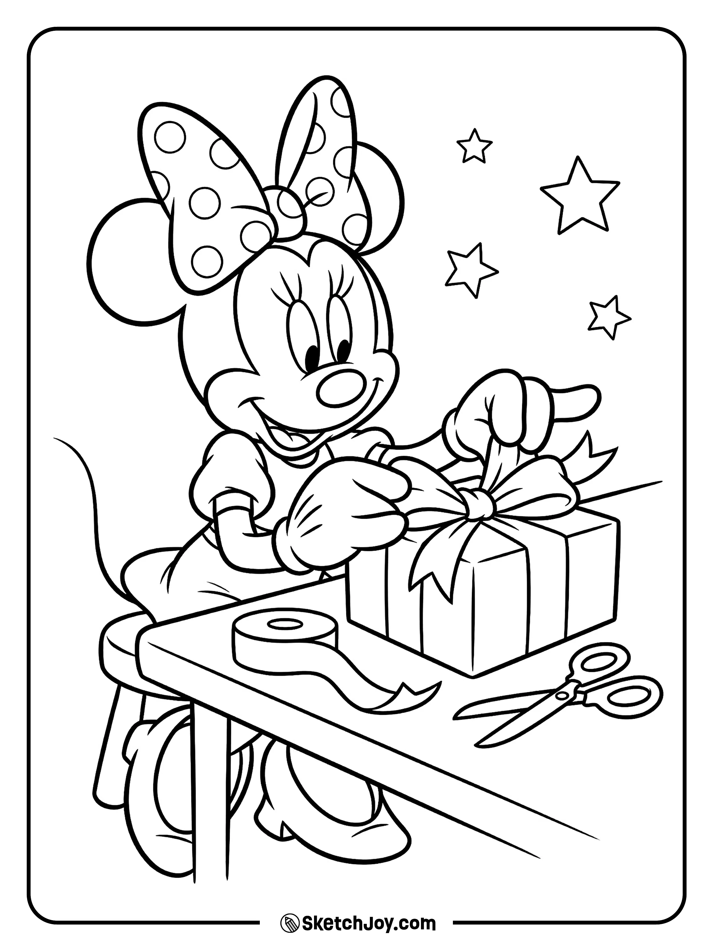 Minnie wraps a gift and ties a bow on top.