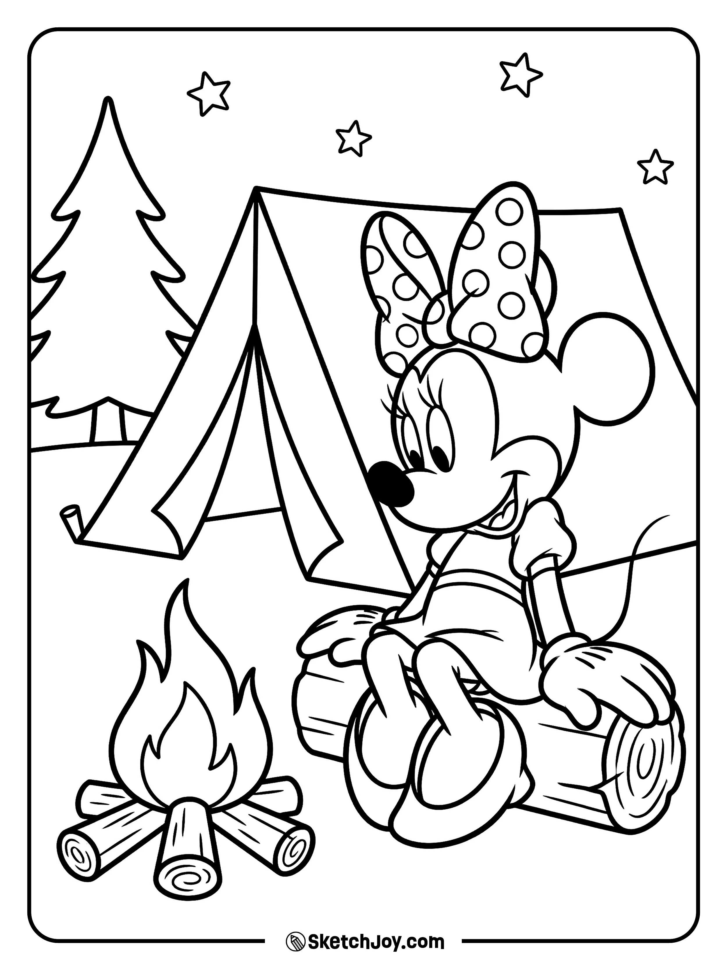 Minnie sits by a tiny campfire near a tent.