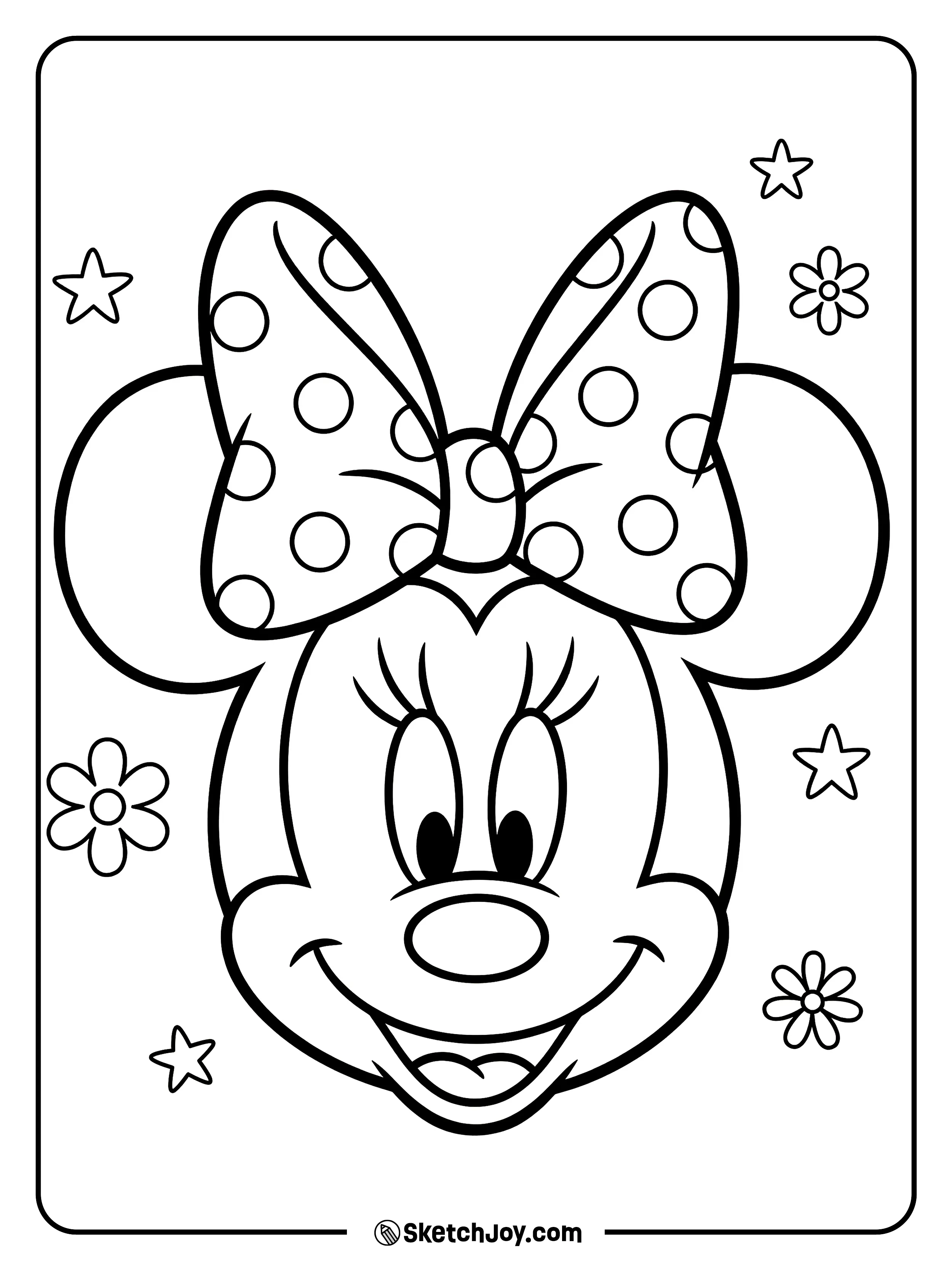 Minnie’s face fills the page with her bow and happy grin.
