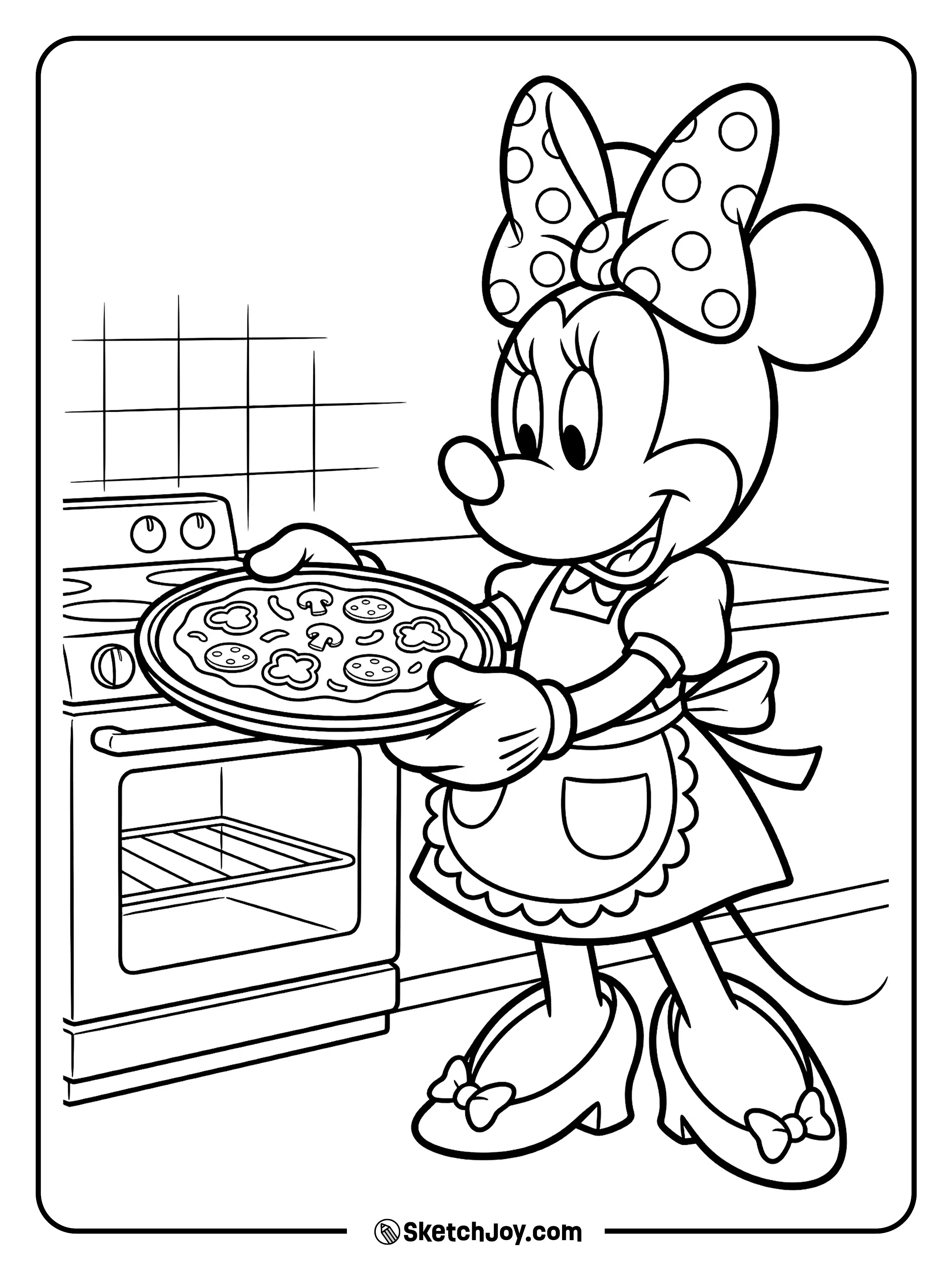 Minnie holds a pizza tray and looks proud.