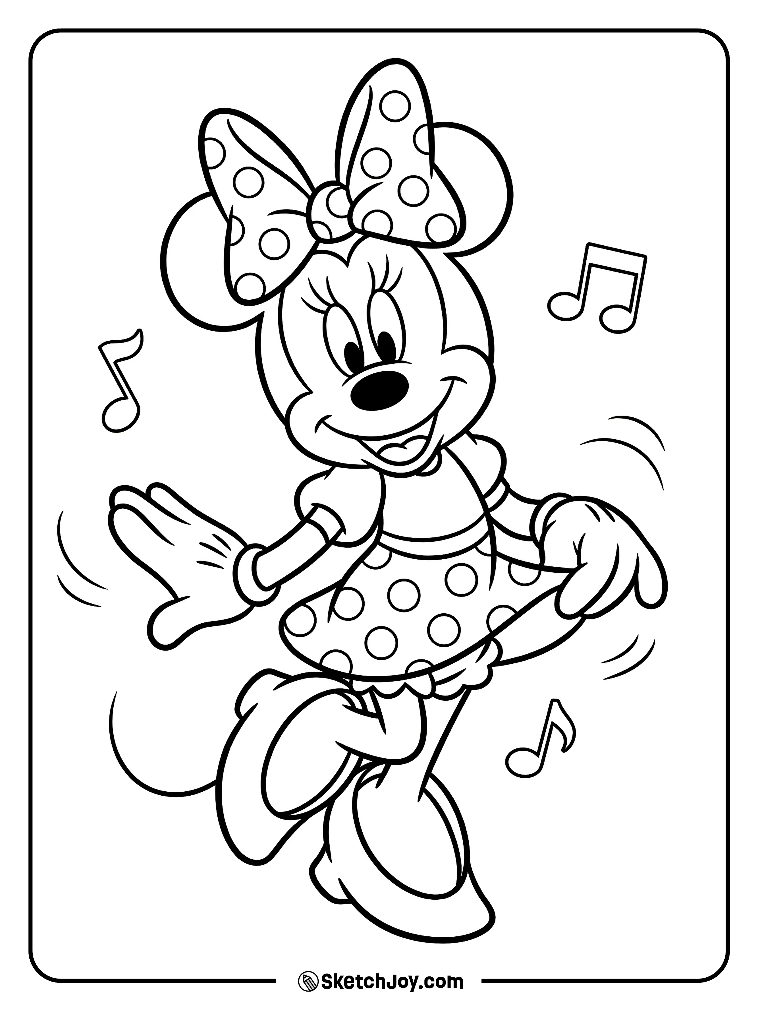 Minnie does a fun dance step with her skirt swinging.