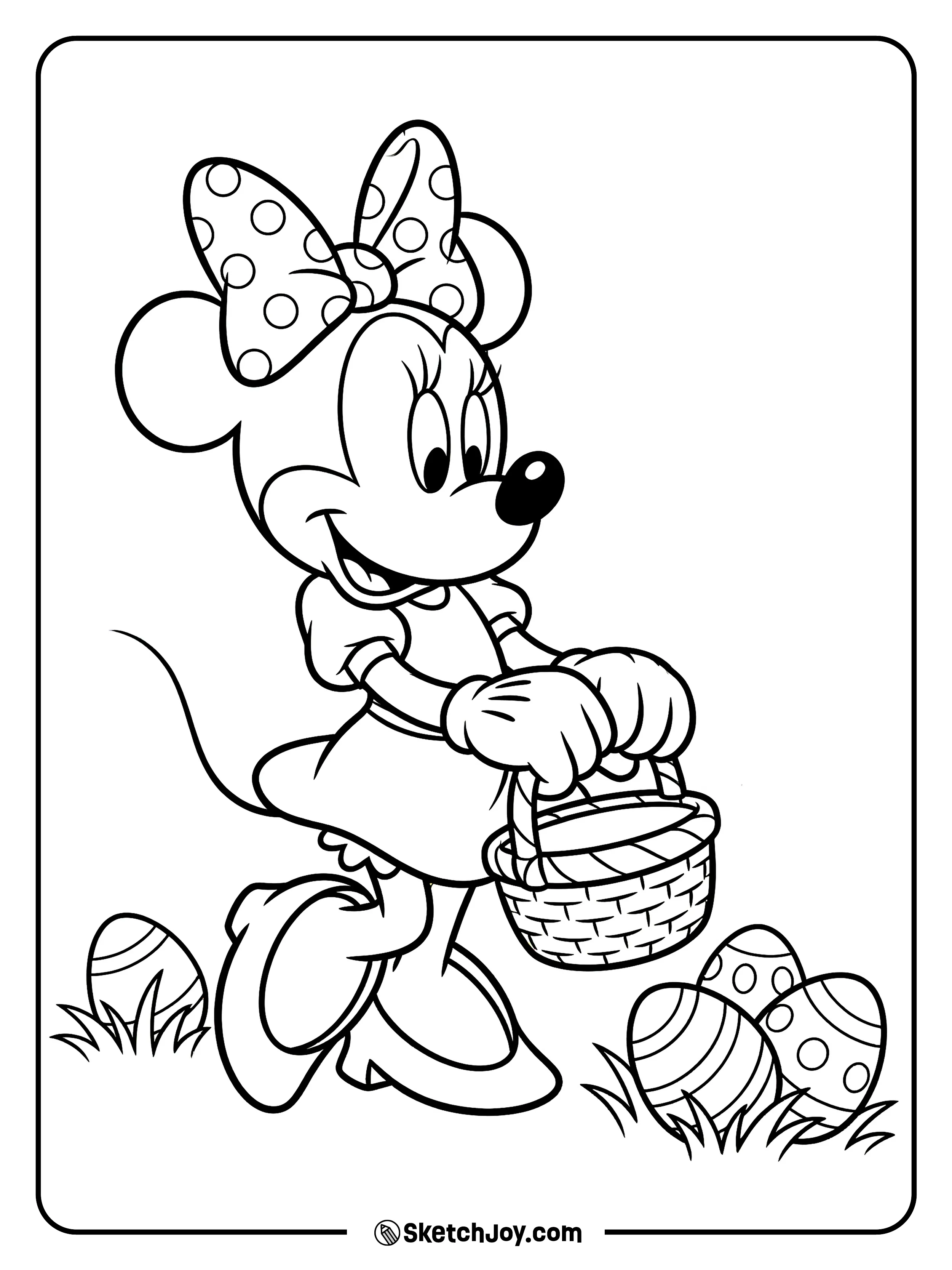 Minnie finds eggs in the grass with a happy look.