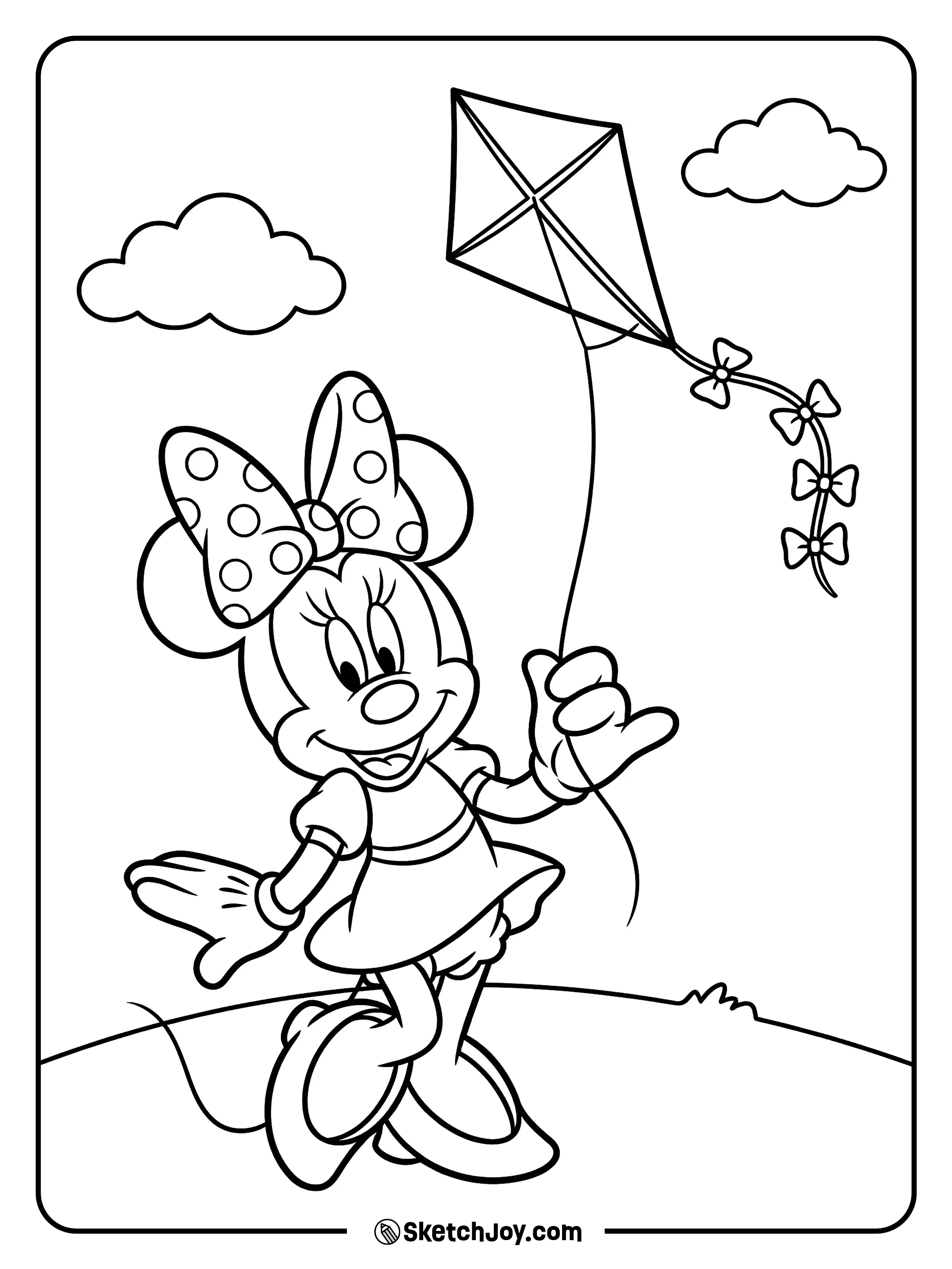 Minnie holds a kite string while the kite floats high.