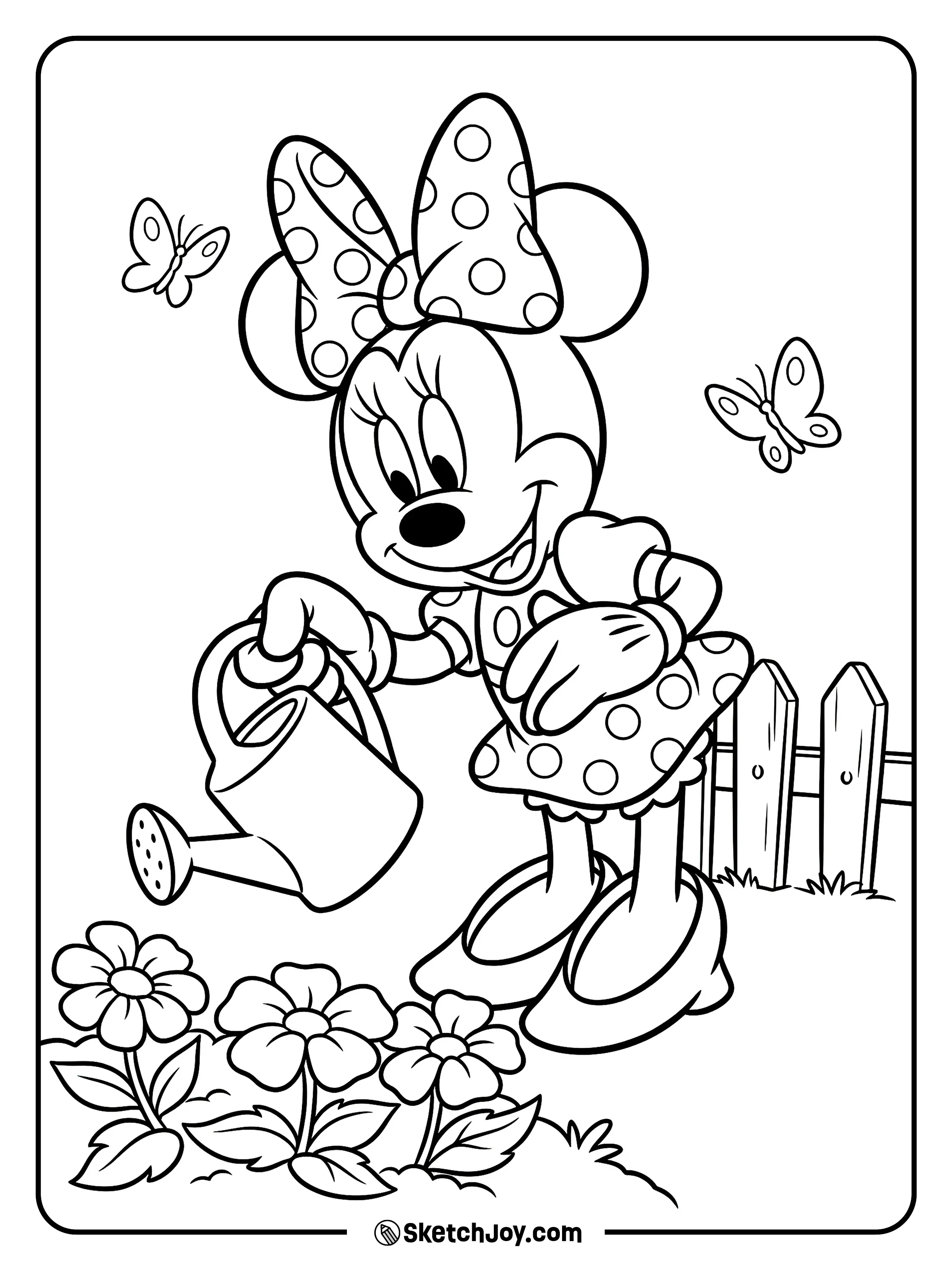 Minnie waters flowers in a cute little garden.