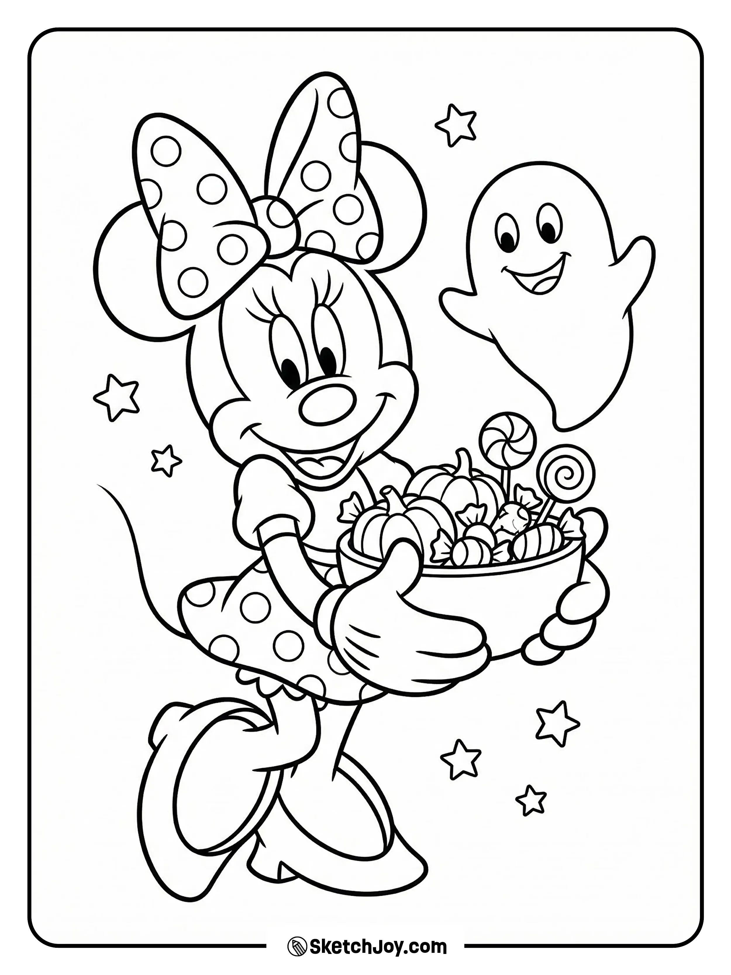 Minnie holds a treat bowl with friendly spooky shapes nearby.