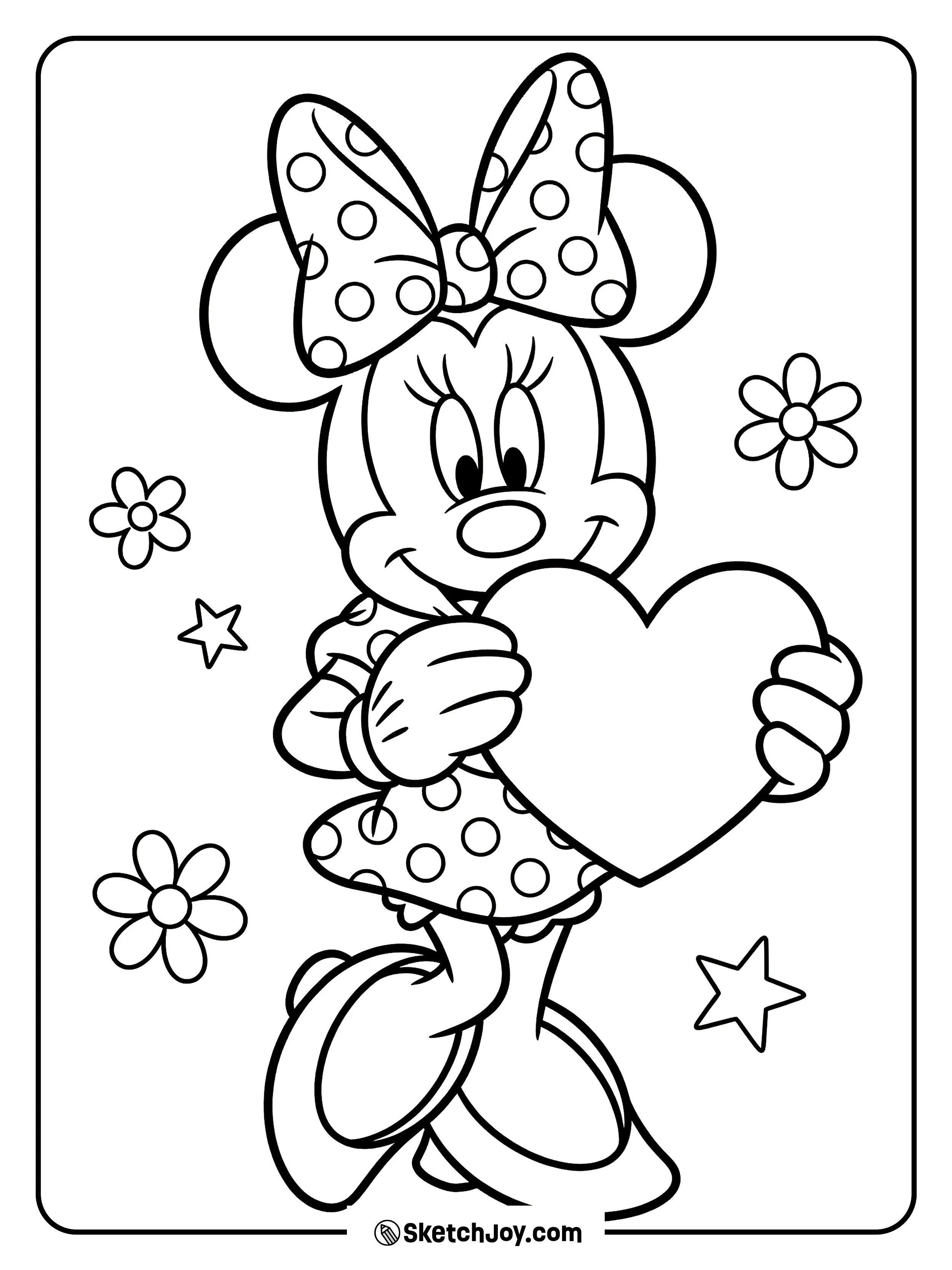Minnie hugs a big heart with a sweet smile.