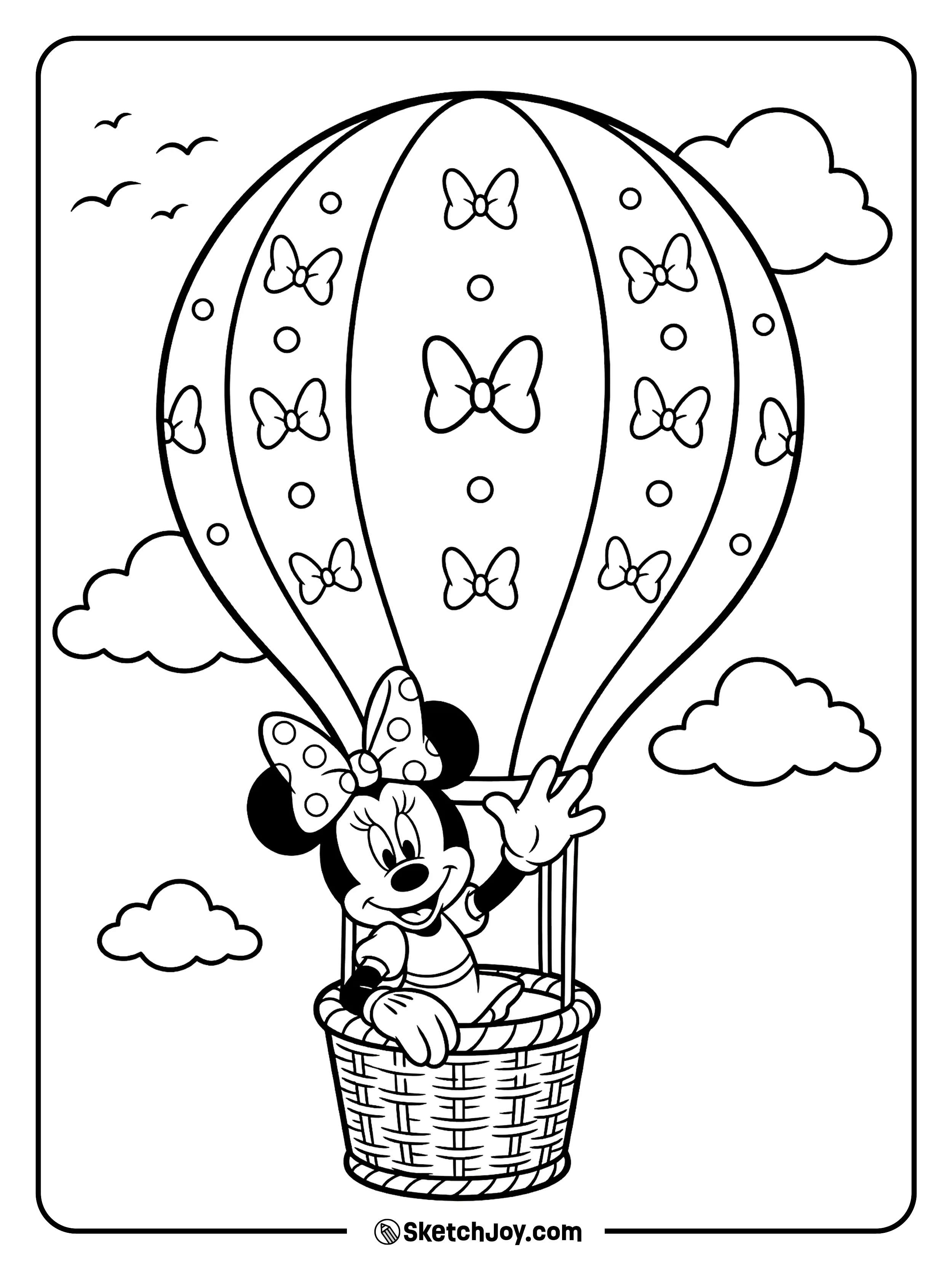 Minnie rides in a balloon basket above fluffy clouds.