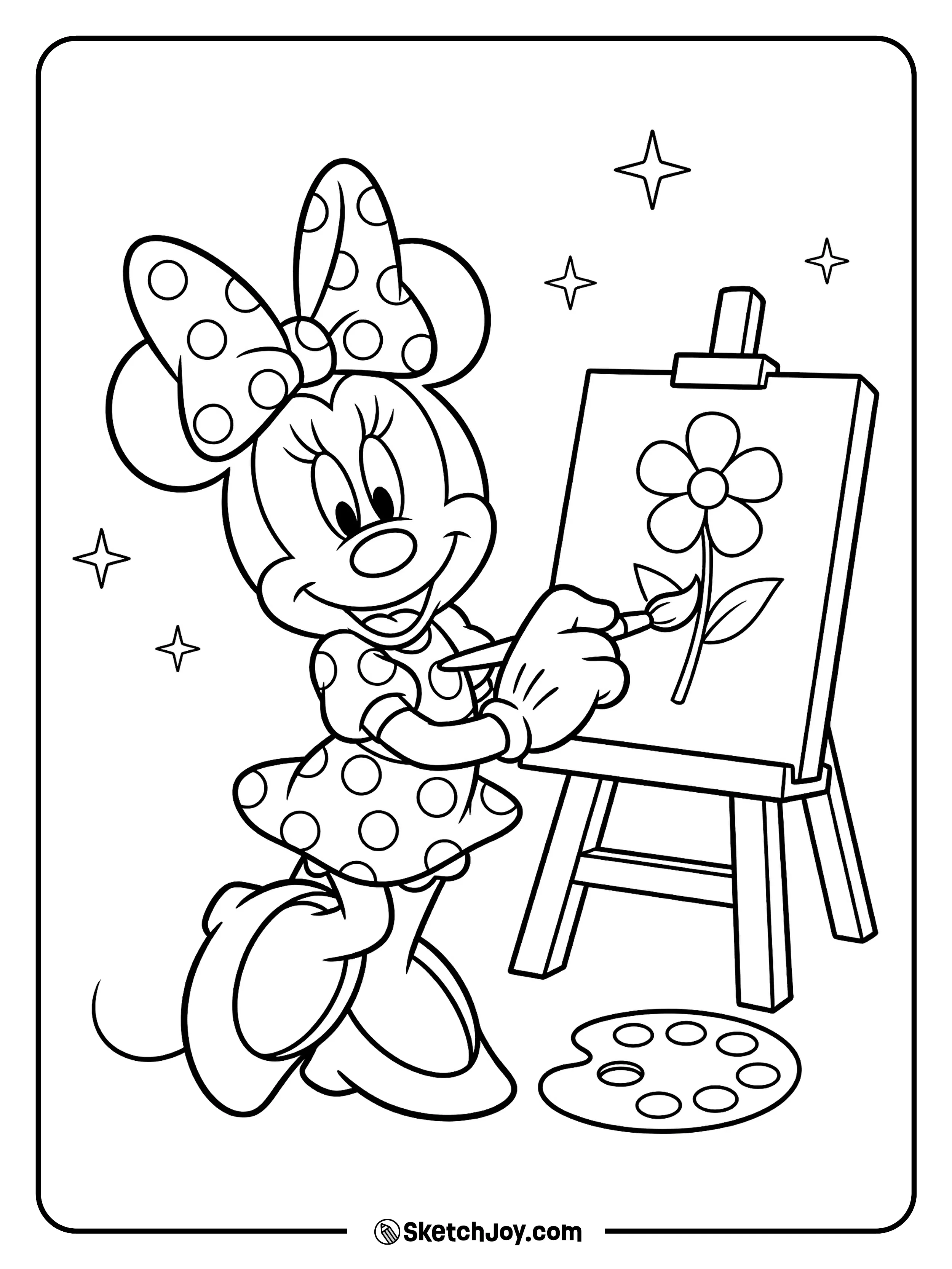 Minnie paints a simple flower picture on a canvas.